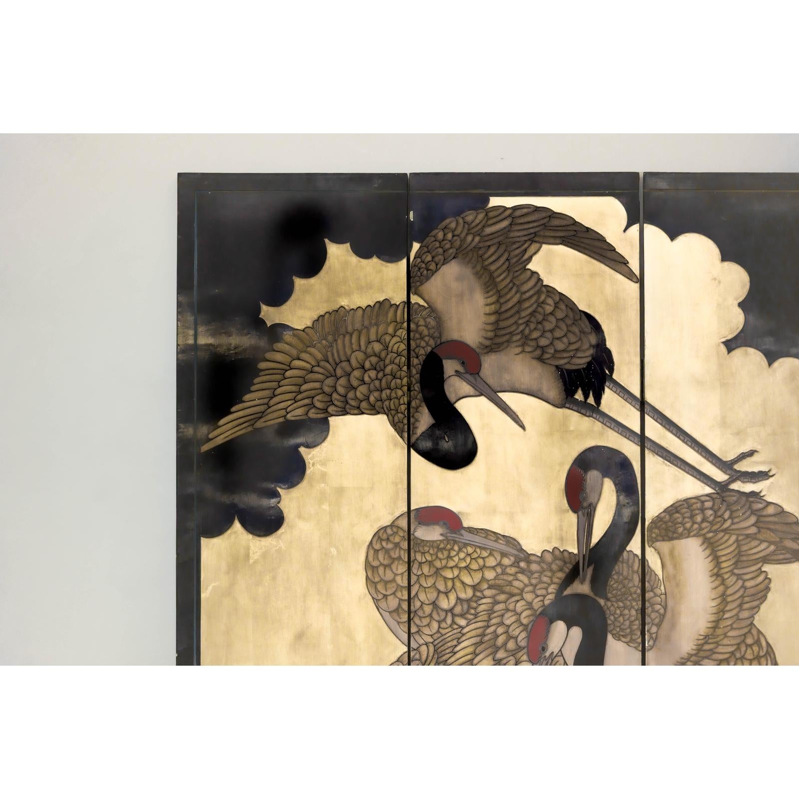 Four-Panel Folding Screen with Gilt Ground and Painted Cranes in Clouds-3. Asian &amp; Chinese Furniture, Art, Antiques, Vintage Home Décor for sale at FEA Home