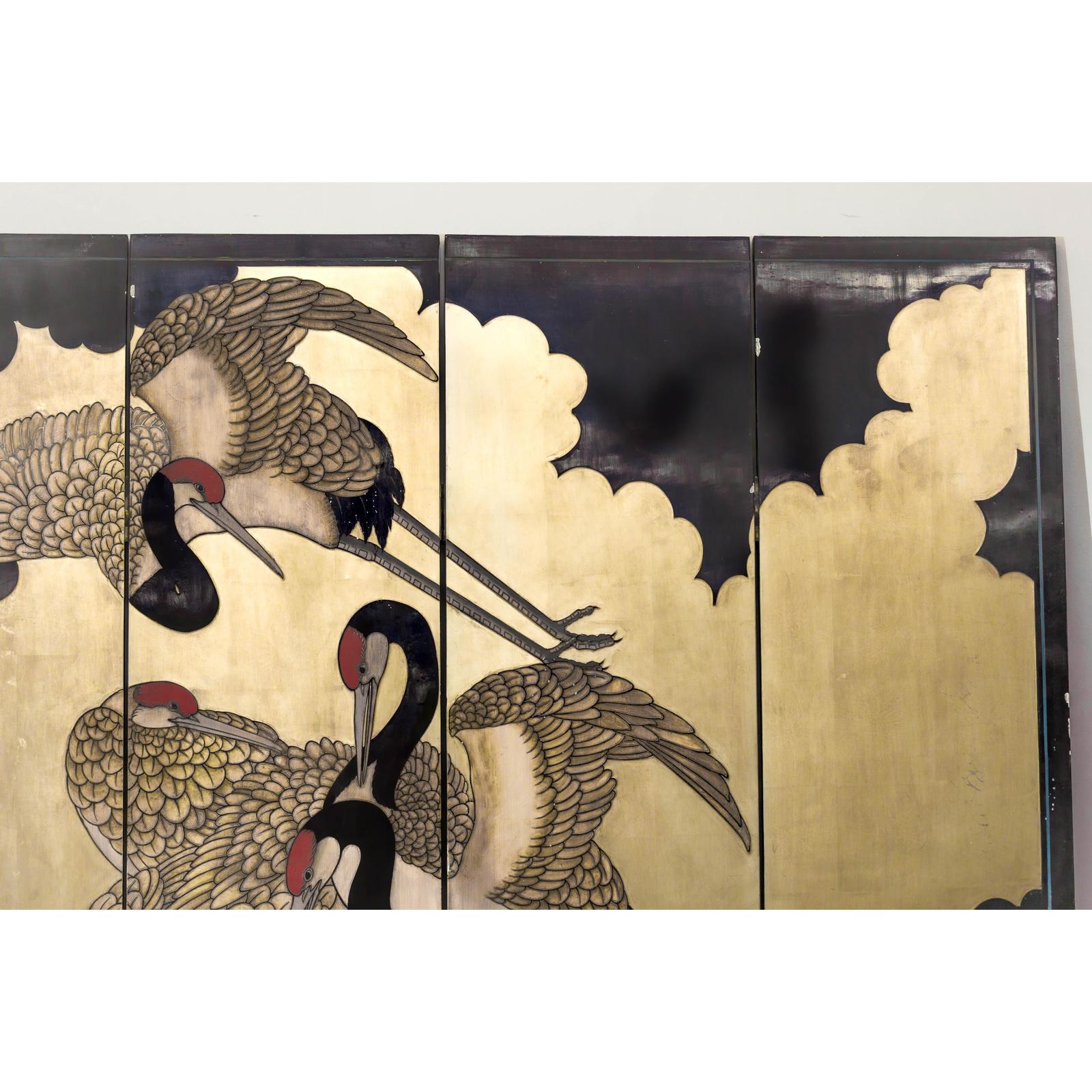 Four-Panel Folding Screen with Gilt Ground and Painted Cranes in Clouds-4. Asian &amp; Chinese Furniture, Art, Antiques, Vintage Home Décor for sale at FEA Home
