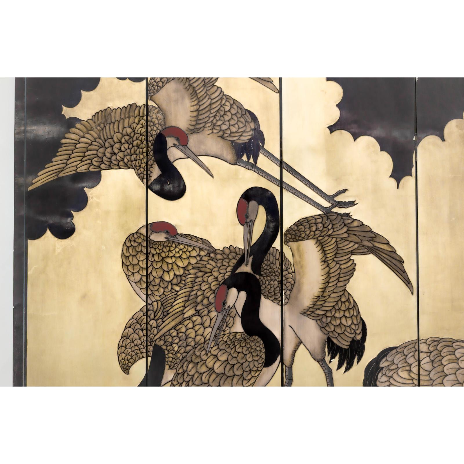 Four-Panel Folding Screen with Gilt Ground and Painted Cranes in Clouds-5. Asian &amp; Chinese Furniture, Art, Antiques, Vintage Home Décor for sale at FEA Home