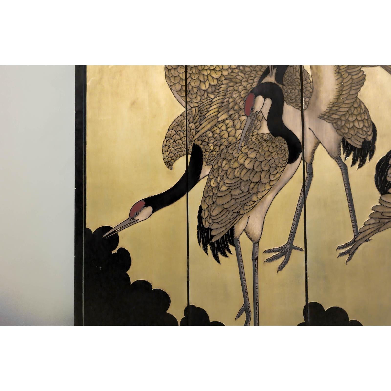 Four-Panel Folding Screen with Gilt Ground and Painted Cranes in Clouds-6. Asian &amp; Chinese Furniture, Art, Antiques, Vintage Home Décor for sale at FEA Home