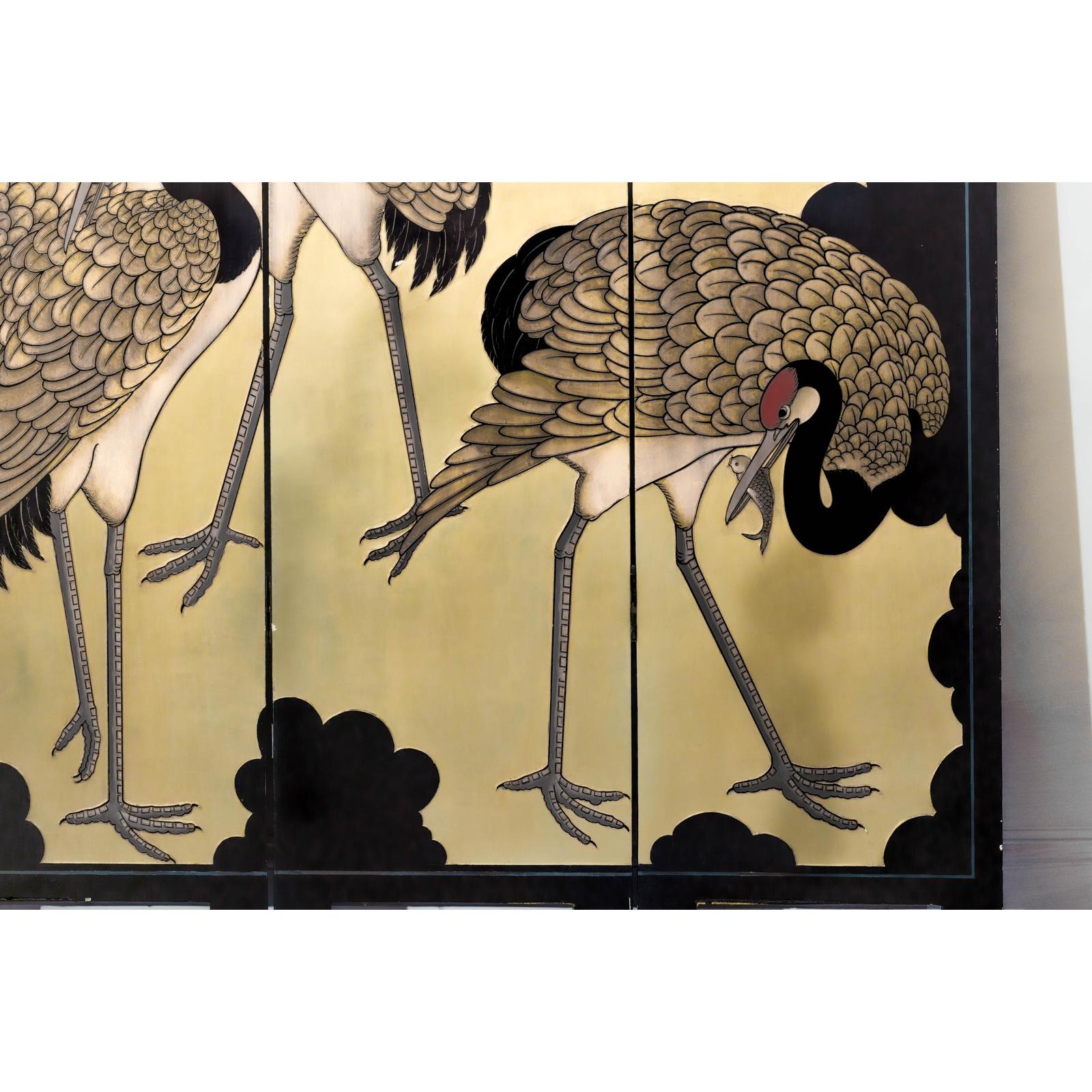 Four-Panel Folding Screen with Gilt Ground and Painted Cranes in Clouds-8. Asian &amp; Chinese Furniture, Art, Antiques, Vintage Home Décor for sale at FEA Home