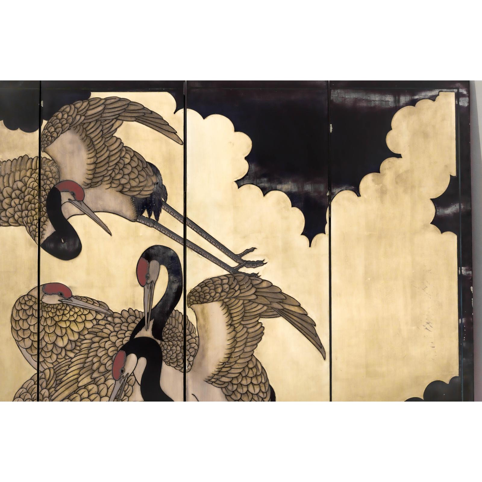 Four-Panel Folding Screen with Gilt Ground and Painted Cranes in Clouds-9. Asian &amp; Chinese Furniture, Art, Antiques, Vintage Home Décor for sale at FEA Home