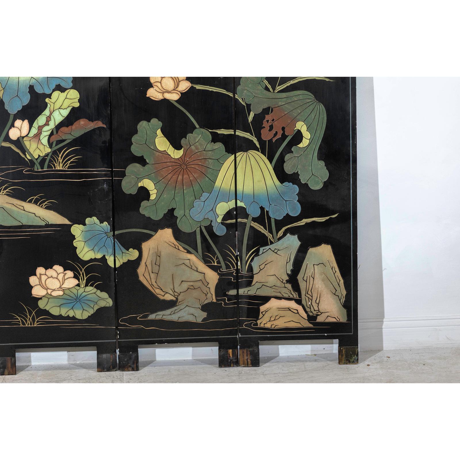 Four-Panel Gilt and Lacquer Folding Screen with Cranes and Lotus-10. Asian &amp; Chinese Furniture, Art, Antiques, Vintage Home Décor for sale at FEA Home