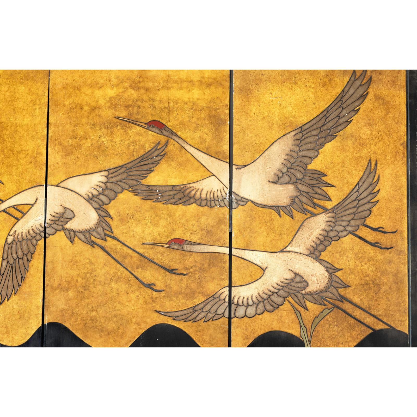 Four-Panel Gilt and Lacquer Folding Screen with Cranes and Lotus-11. Asian &amp; Chinese Furniture, Art, Antiques, Vintage Home Décor for sale at FEA Home