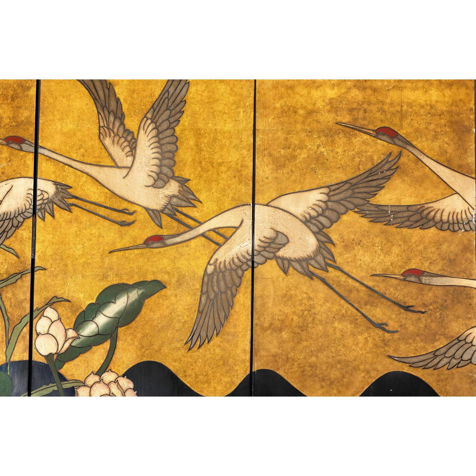 Four-Panel Gilt and Lacquer Folding Screen with Cranes and Lotus-12. Asian &amp; Chinese Furniture, Art, Antiques, Vintage Home Décor for sale at FEA Home
