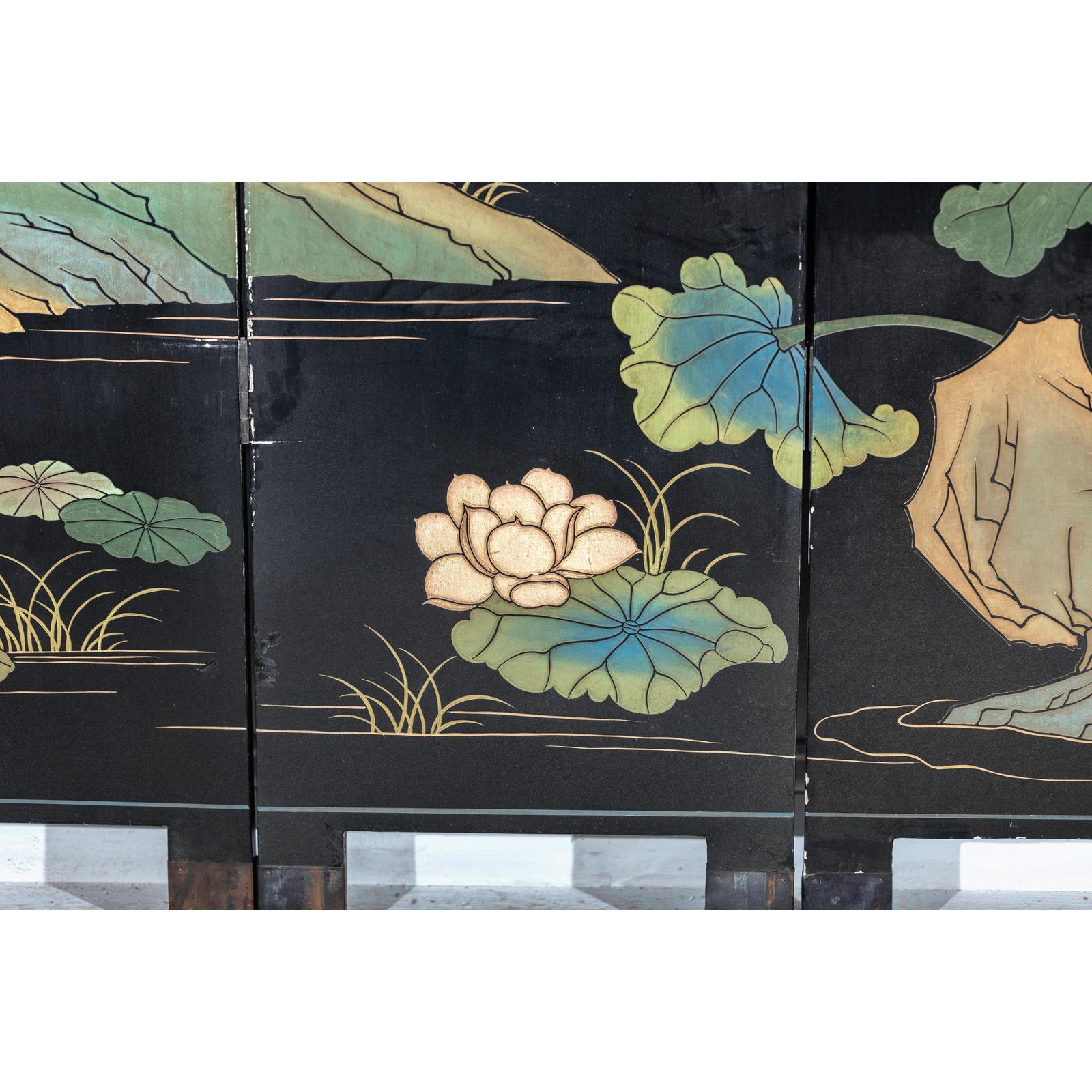 Four-Panel Gilt and Lacquer Folding Screen with Cranes and Lotus-13. Asian &amp; Chinese Furniture, Art, Antiques, Vintage Home Décor for sale at FEA Home