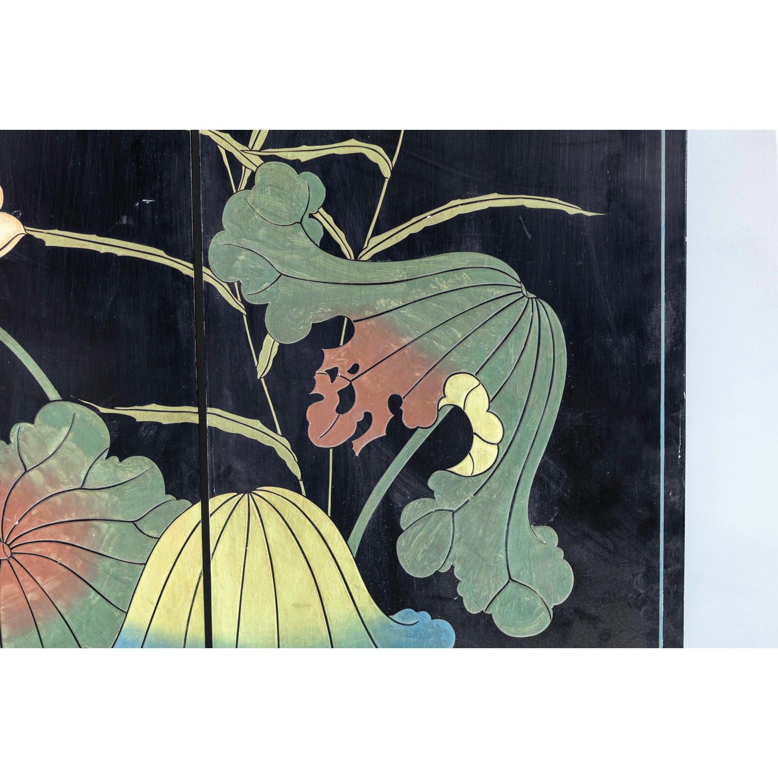 Four-Panel Gilt and Lacquer Folding Screen with Cranes and Lotus-14. Asian &amp; Chinese Furniture, Art, Antiques, Vintage Home Décor for sale at FEA Home
