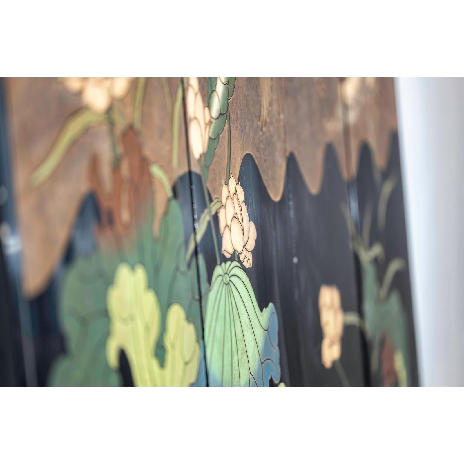 Four-Panel Gilt and Lacquer Folding Screen with Cranes and Lotus-16. Asian &amp; Chinese Furniture, Art, Antiques, Vintage Home Décor for sale at FEA Home