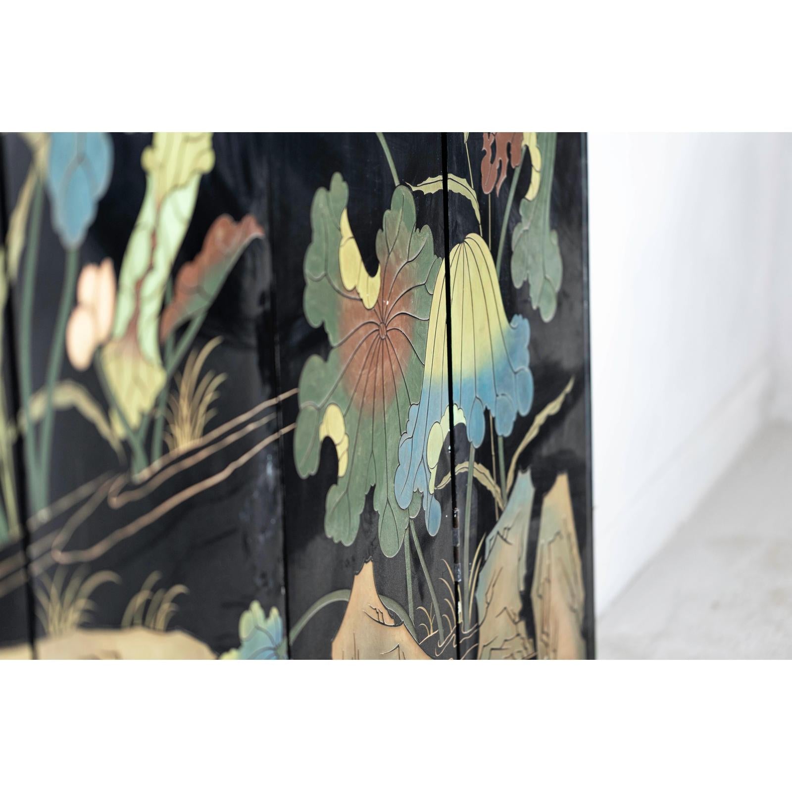 Four-Panel Gilt and Lacquer Folding Screen with Cranes and Lotus-17. Asian &amp; Chinese Furniture, Art, Antiques, Vintage Home Décor for sale at FEA Home