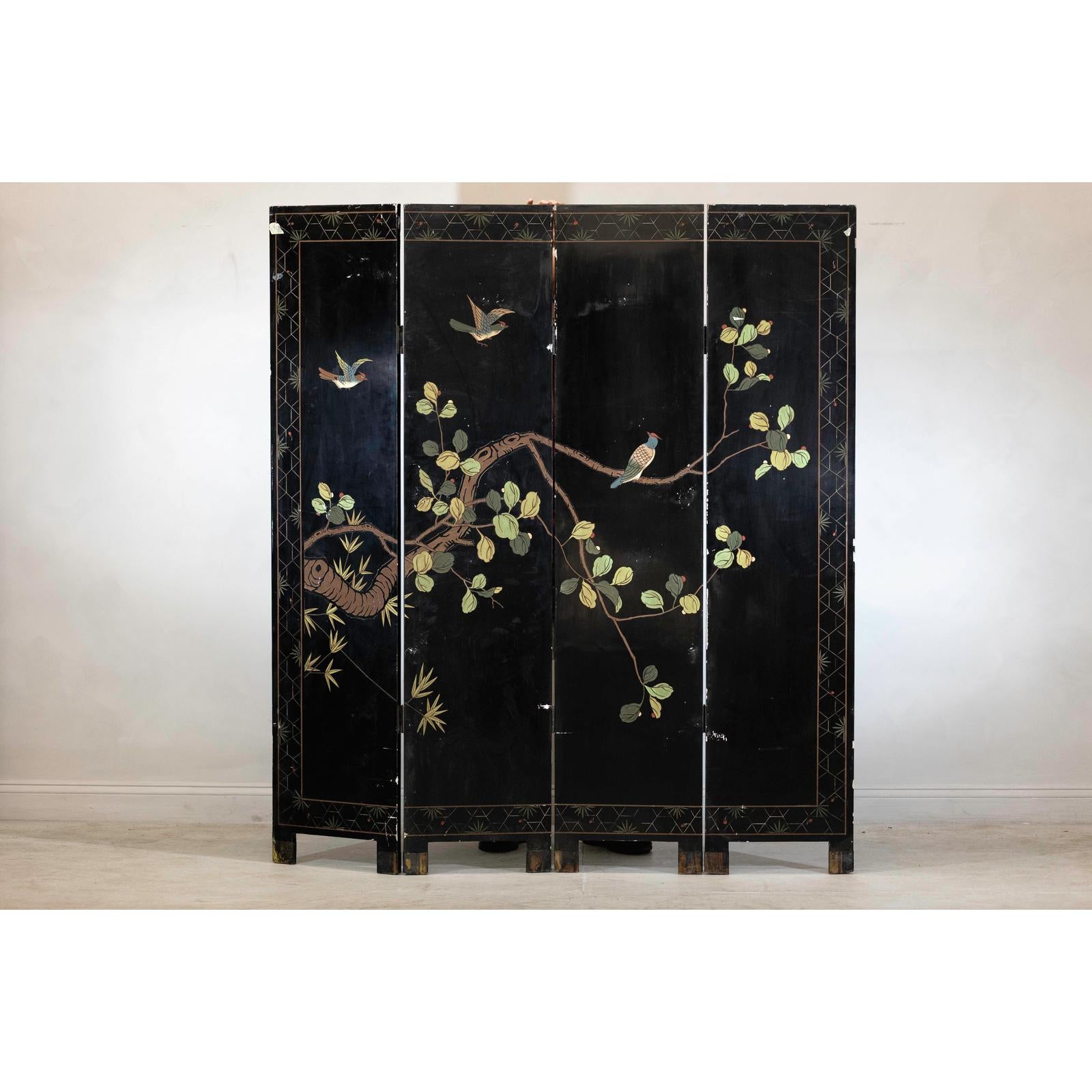 Four-Panel Gilt and Lacquer Folding Screen with Cranes and Lotus-18. Asian &amp; Chinese Furniture, Art, Antiques, Vintage Home Décor for sale at FEA Home