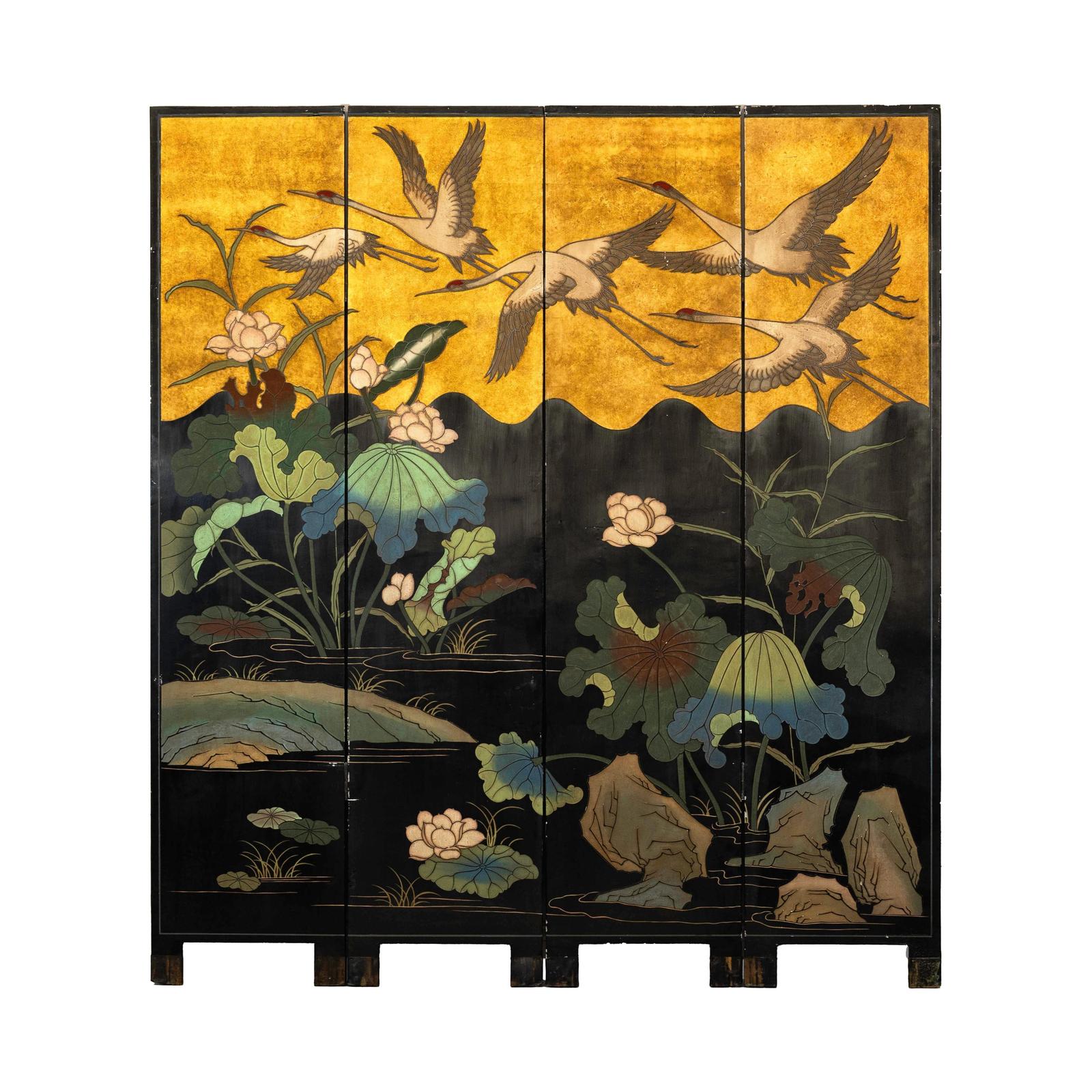 Four-Panel Gilt and Lacquer Folding Screen with Cranes and Lotus-19. Asian &amp; Chinese Furniture, Art, Antiques, Vintage Home Décor for sale at FEA Home