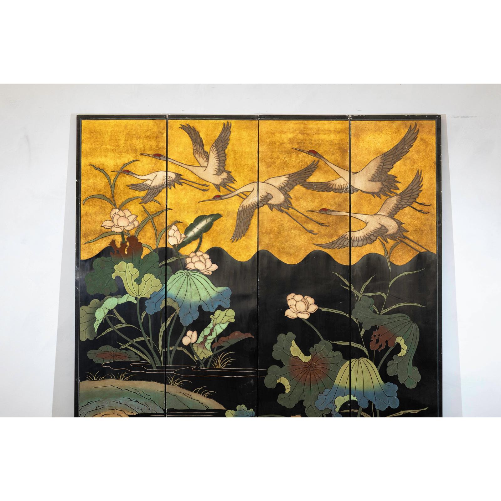 Four-Panel Gilt and Lacquer Folding Screen with Cranes and Lotus-3. Asian &amp; Chinese Furniture, Art, Antiques, Vintage Home Décor for sale at FEA Home