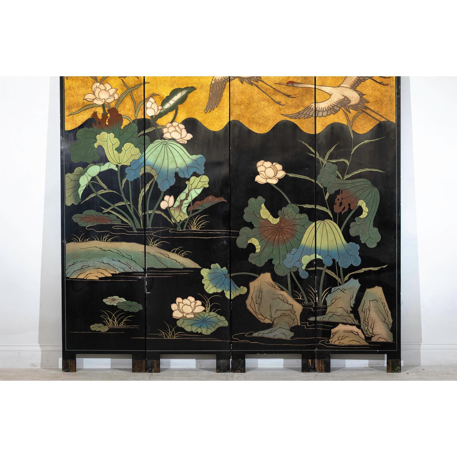 Four-Panel Gilt and Lacquer Folding Screen with Cranes and Lotus-4. Asian &amp; Chinese Furniture, Art, Antiques, Vintage Home Décor for sale at FEA Home
