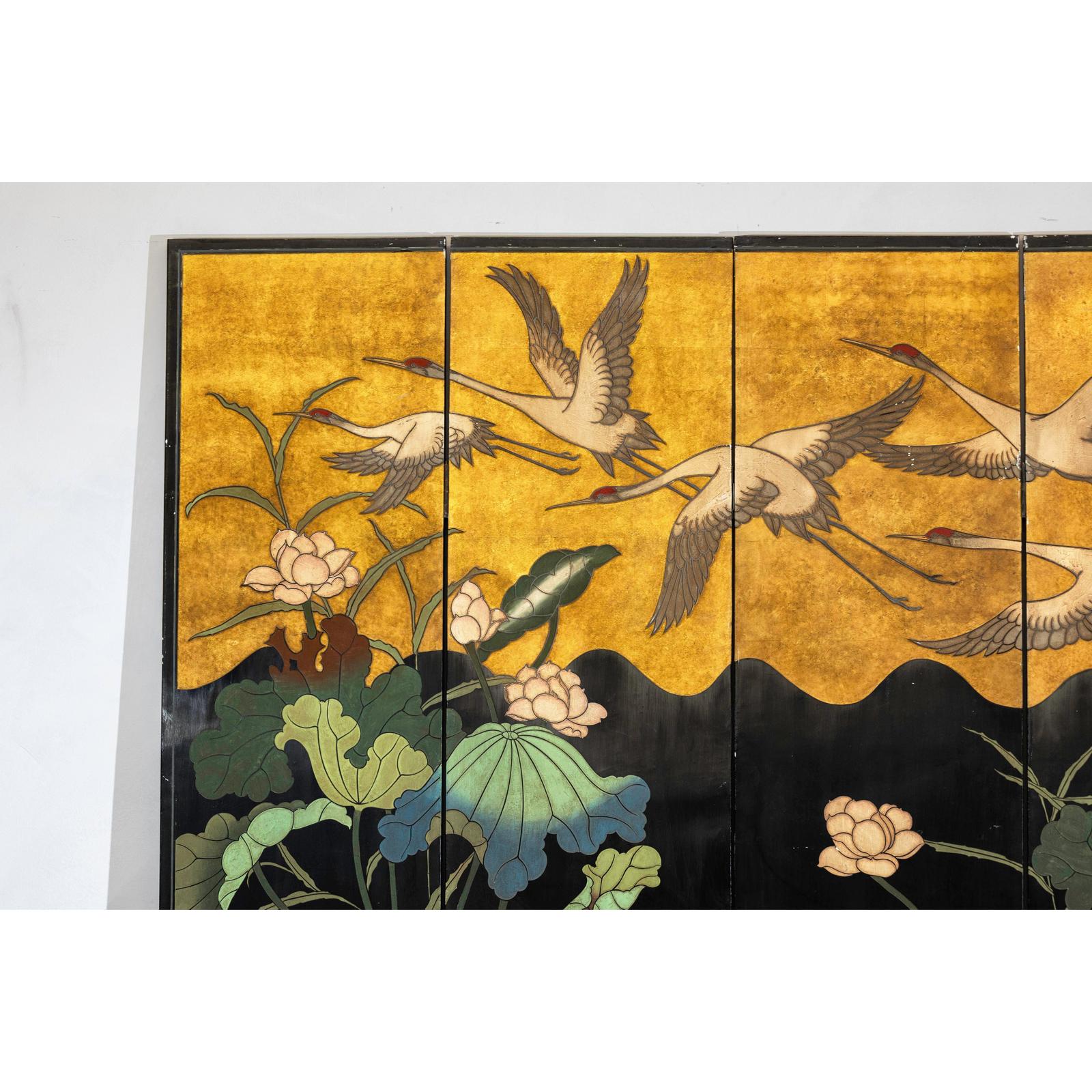Four-Panel Gilt and Lacquer Folding Screen with Cranes and Lotus-5. Asian &amp; Chinese Furniture, Art, Antiques, Vintage Home Décor for sale at FEA Home