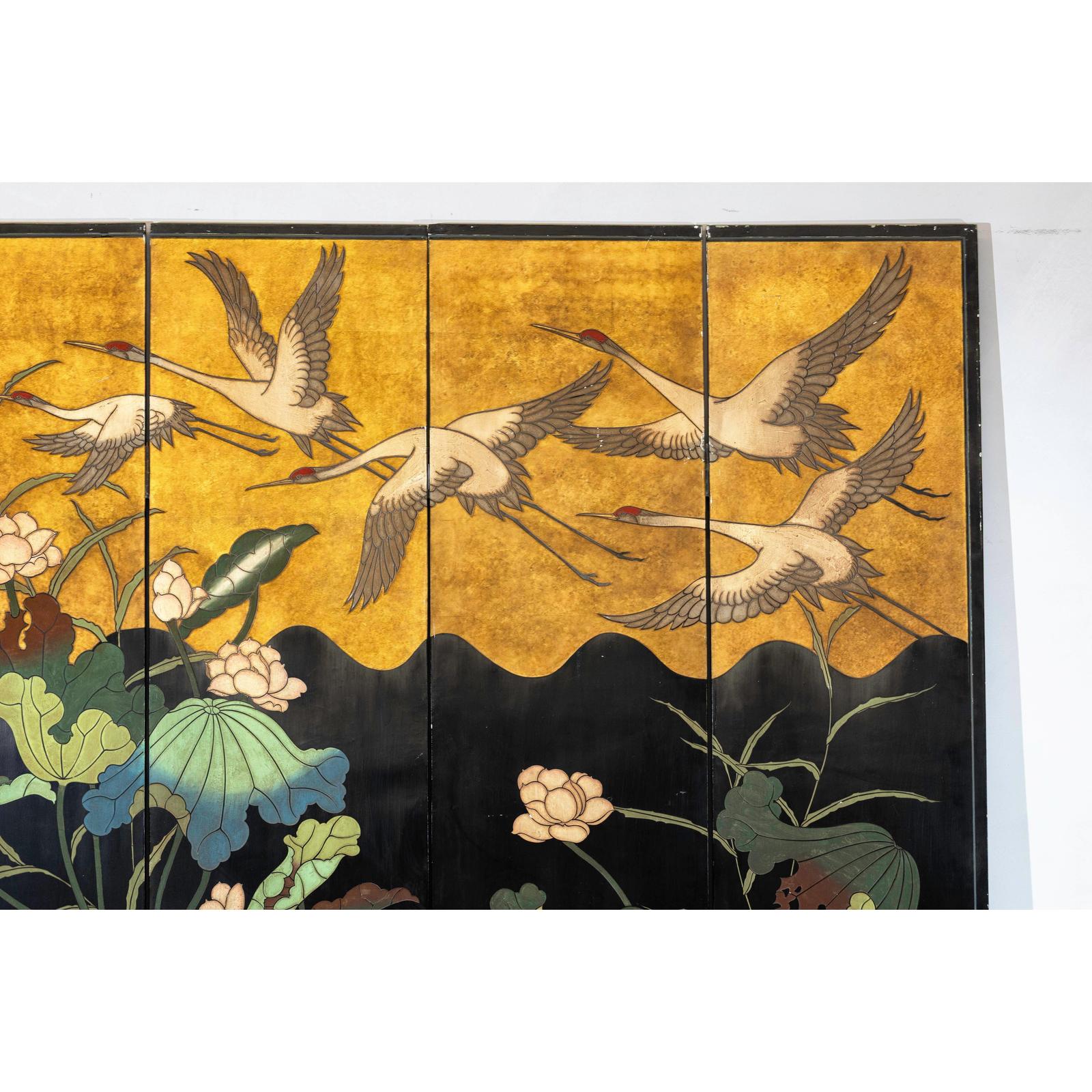 Four-Panel Gilt and Lacquer Folding Screen with Cranes and Lotus-6. Asian &amp; Chinese Furniture, Art, Antiques, Vintage Home Décor for sale at FEA Home
