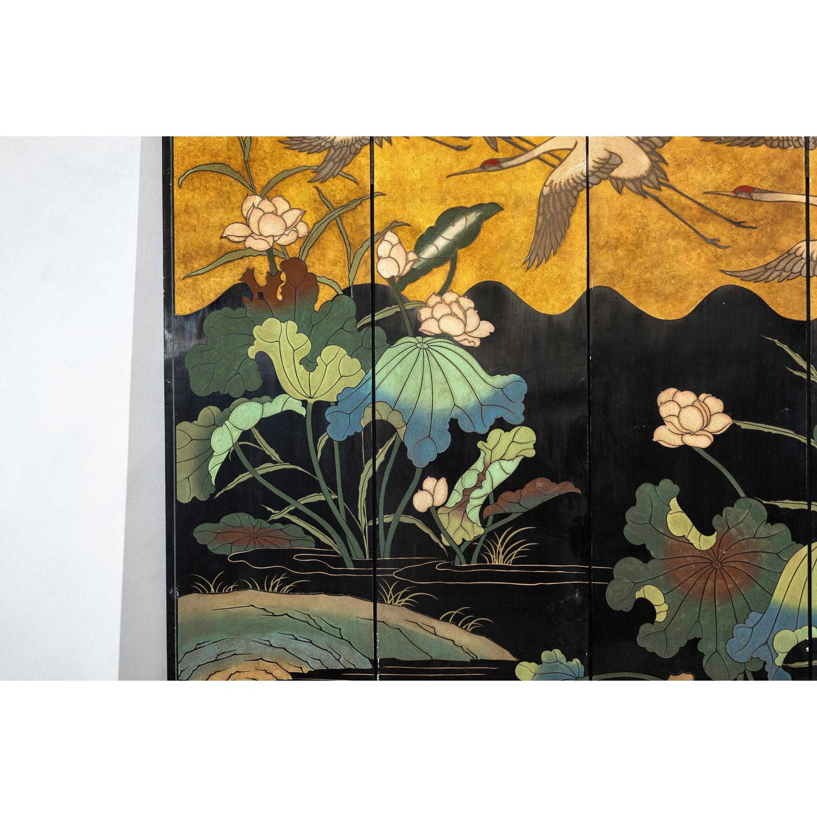 Four-Panel Gilt and Lacquer Folding Screen with Cranes and Lotus-7. Asian &amp; Chinese Furniture, Art, Antiques, Vintage Home Décor for sale at FEA Home