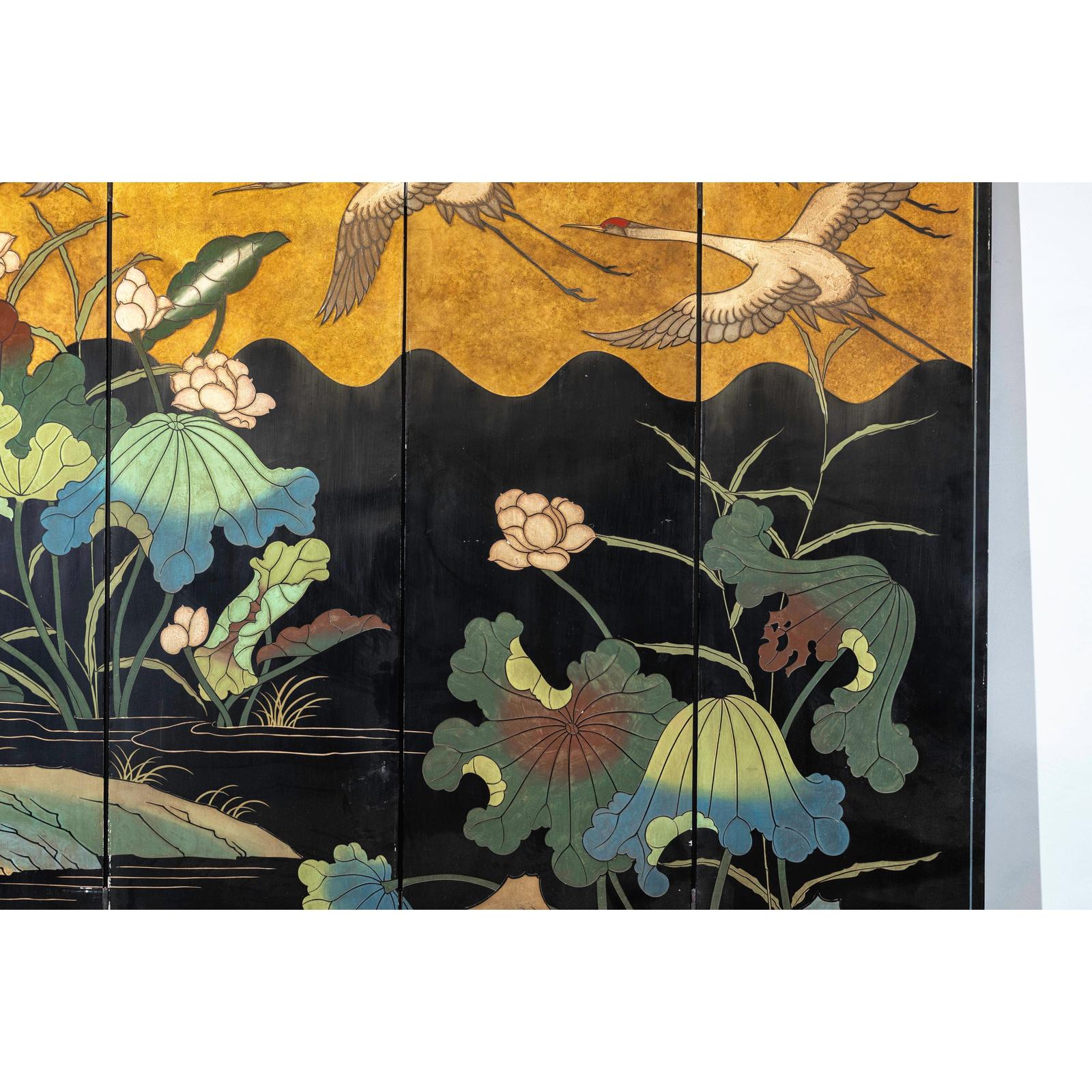 Four-Panel Gilt and Lacquer Folding Screen with Cranes and Lotus-8. Asian &amp; Chinese Furniture, Art, Antiques, Vintage Home Décor for sale at FEA Home