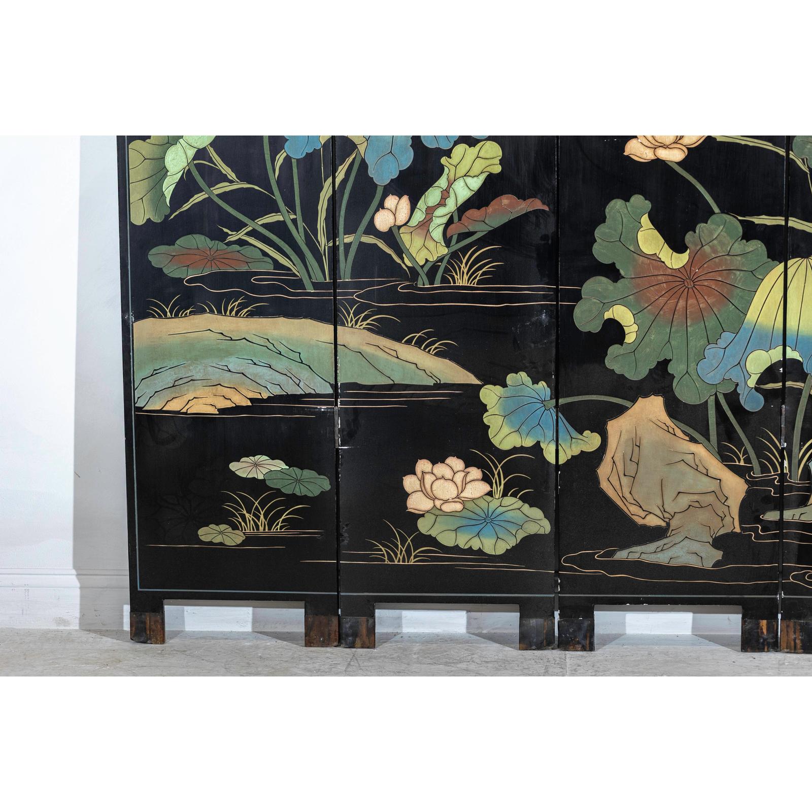 Four-Panel Gilt and Lacquer Folding Screen with Cranes and Lotus-9. Asian &amp; Chinese Furniture, Art, Antiques, Vintage Home Décor for sale at FEA Home
