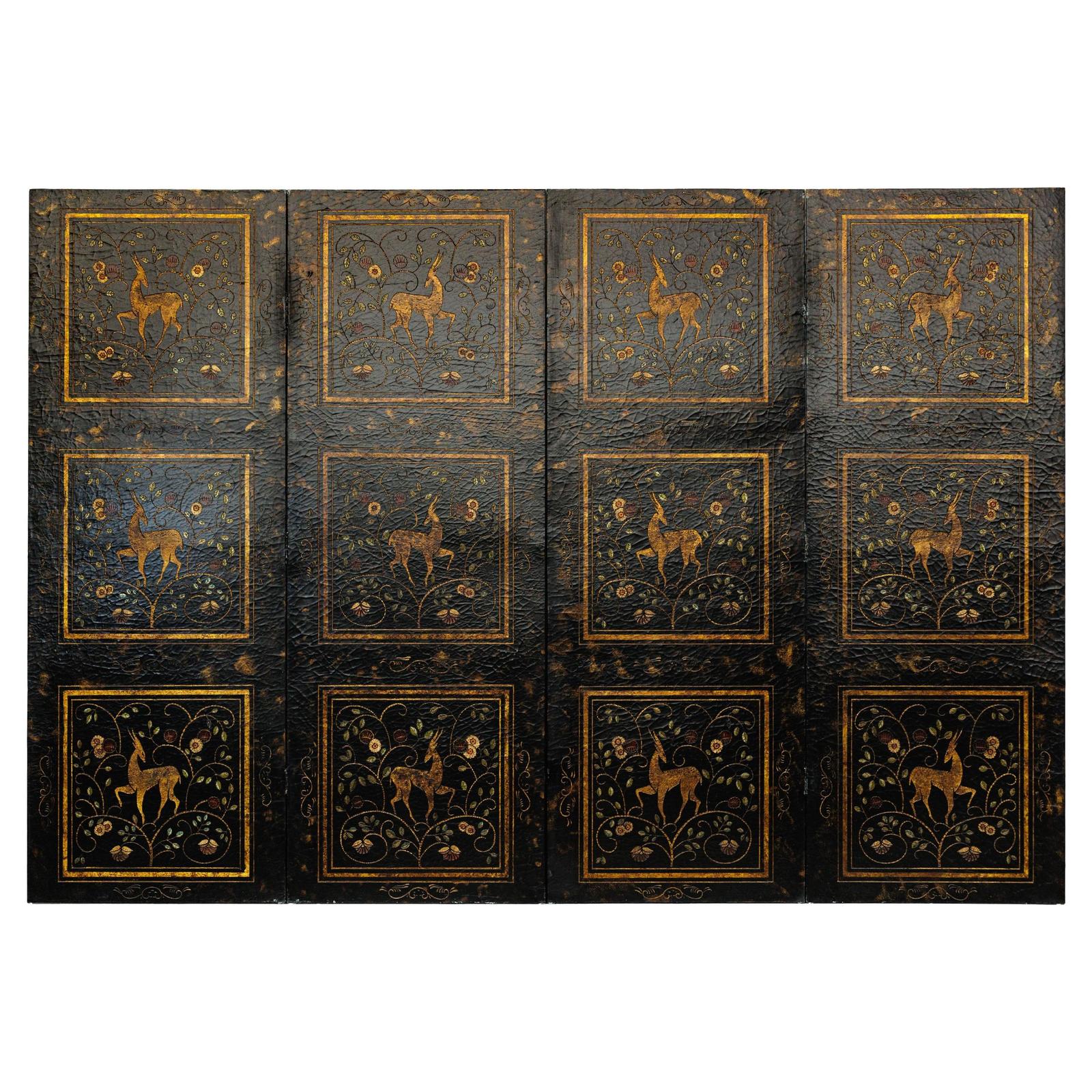 Four-Panel Gilt Black Lacquered Screen with Deer and Floral Motifs-1. Asian & Chinese Furniture, Art, Antiques, Vintage Home Décor for sale at FEA Home