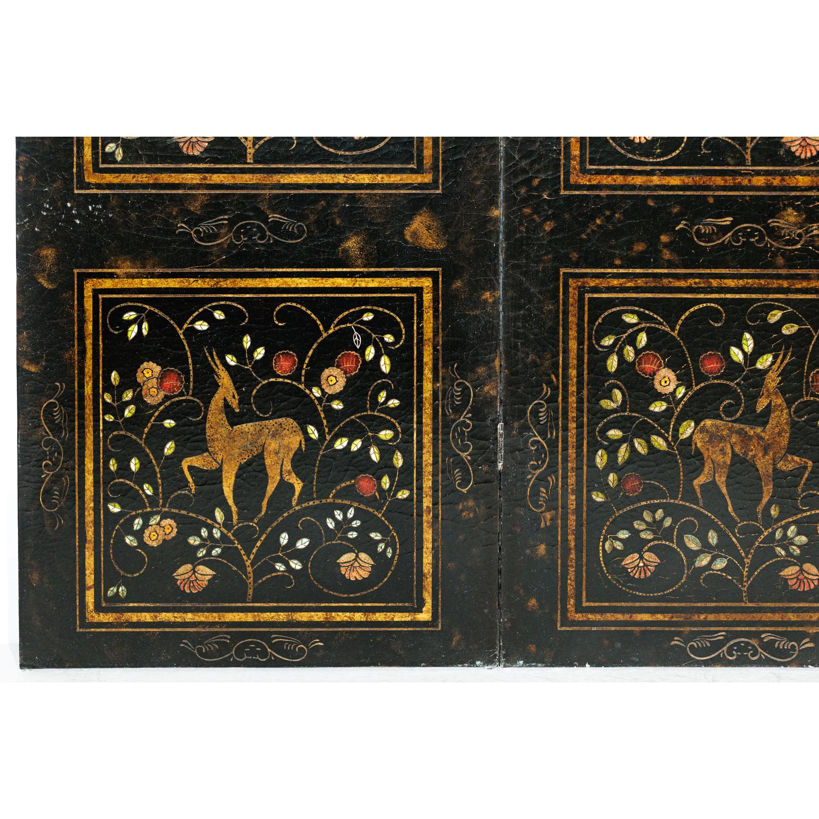Four-Panel Gilt Black Lacquered Screen with Deer and Floral Motifs-10. Asian &amp; Chinese Furniture, Art, Antiques, Vintage Home Décor for sale at FEA Home