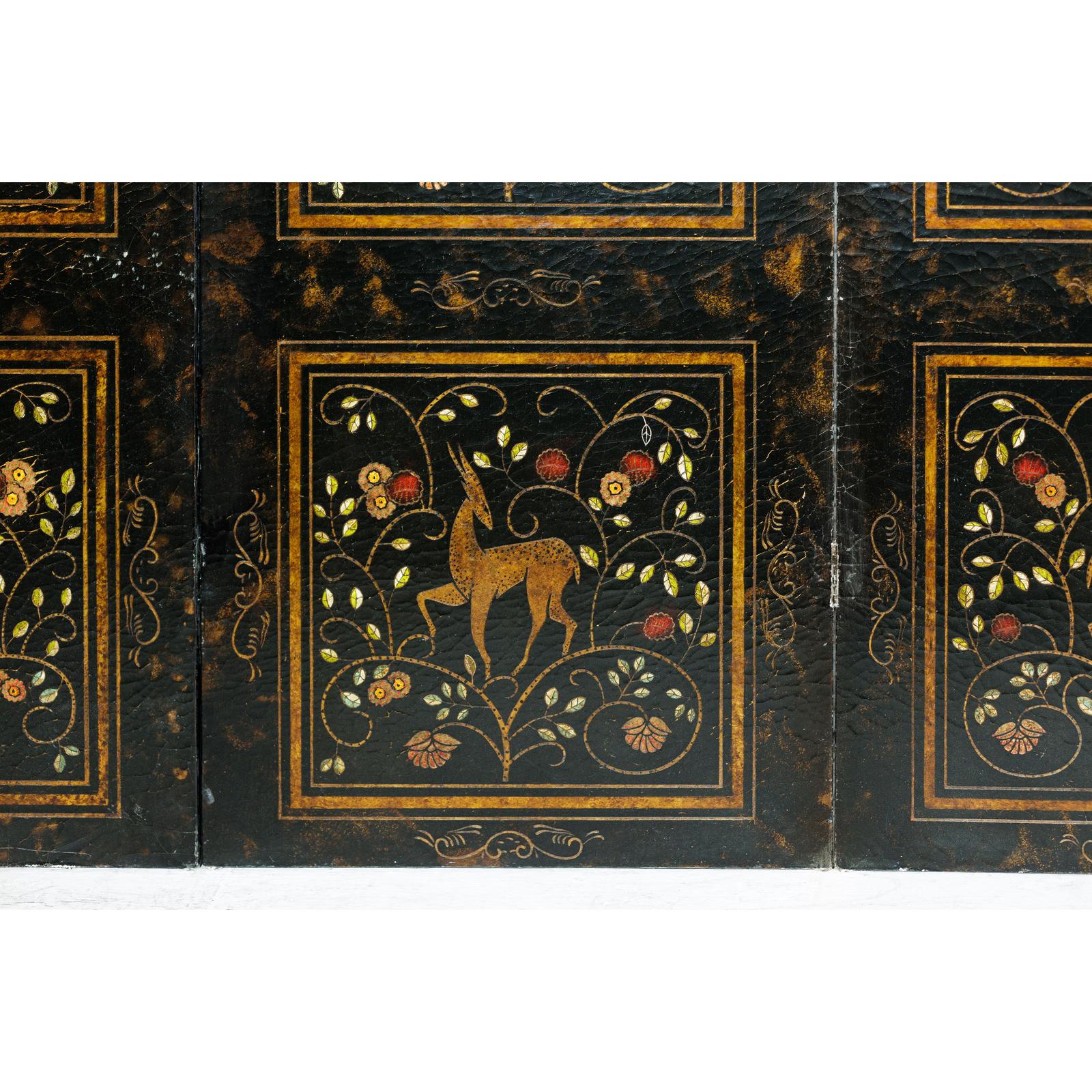 Four-Panel Gilt Black Lacquered Screen with Deer and Floral Motifs-11. Asian &amp; Chinese Furniture, Art, Antiques, Vintage Home Décor for sale at FEA Home