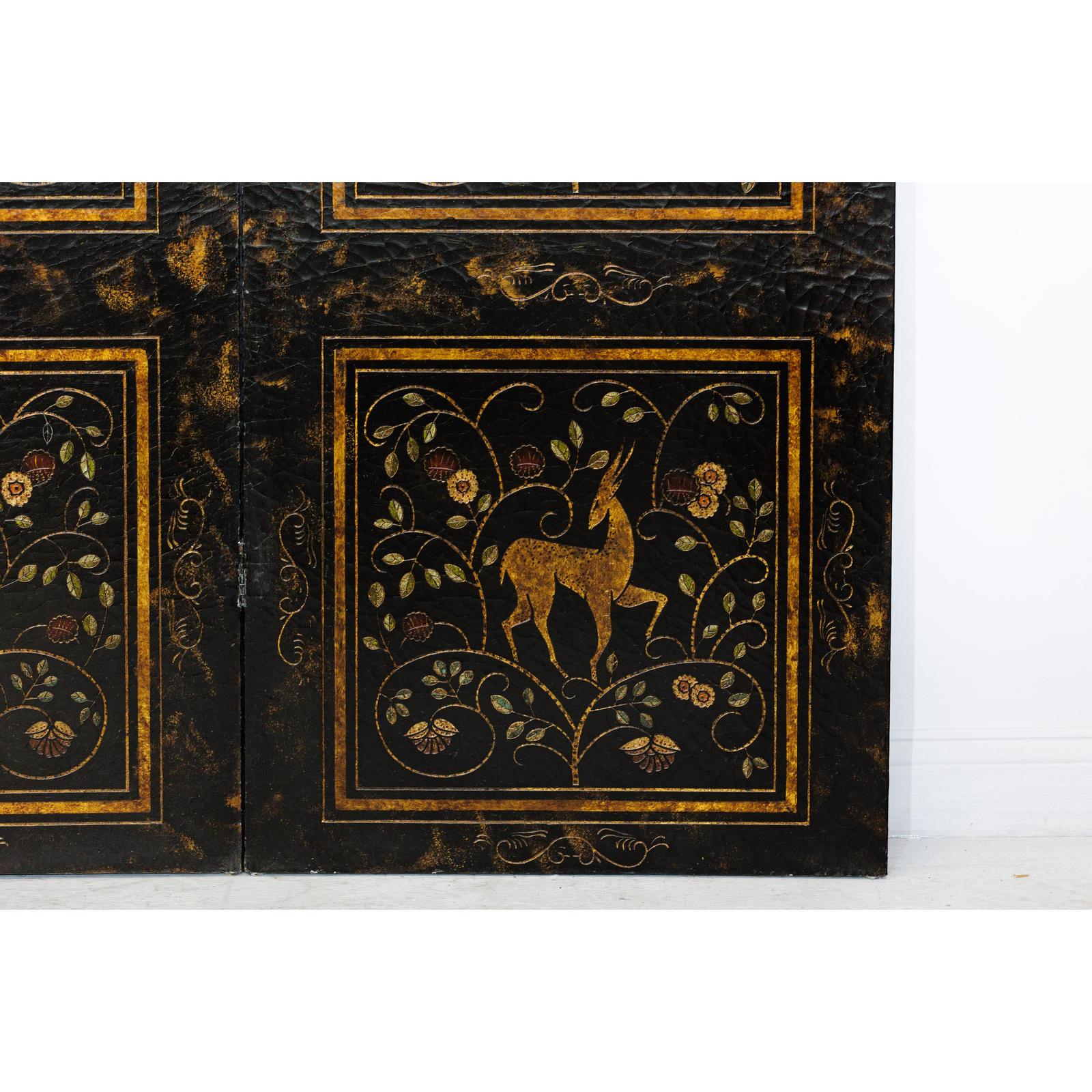 Four-Panel Gilt Black Lacquered Screen with Deer and Floral Motifs-12. Asian &amp; Chinese Furniture, Art, Antiques, Vintage Home Décor for sale at FEA Home