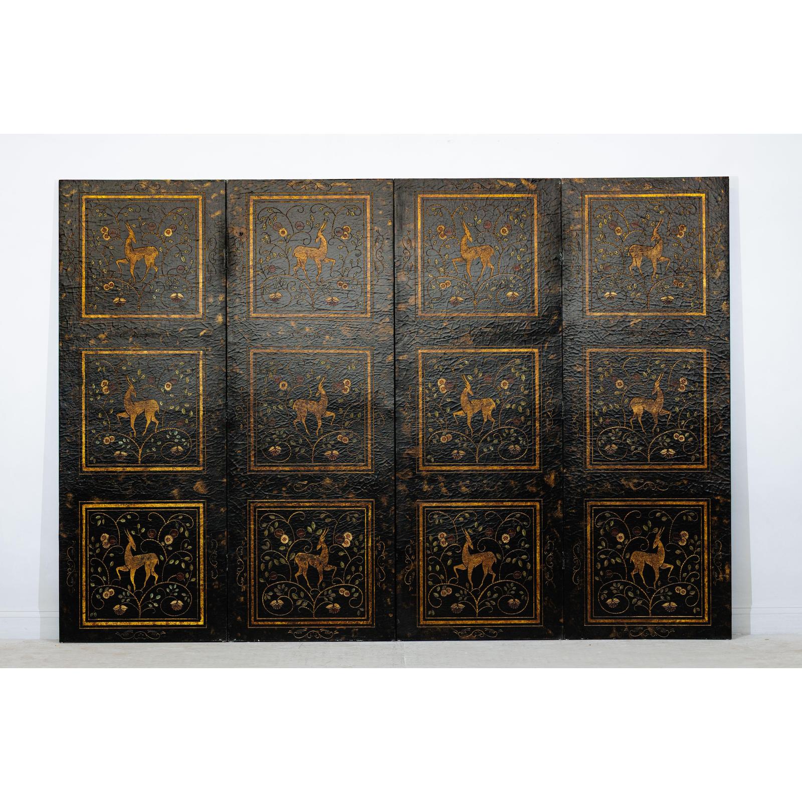 Four-Panel Gilt Black Lacquered Screen with Deer and Floral Motifs-13. Asian &amp; Chinese Furniture, Art, Antiques, Vintage Home Décor for sale at FEA Home