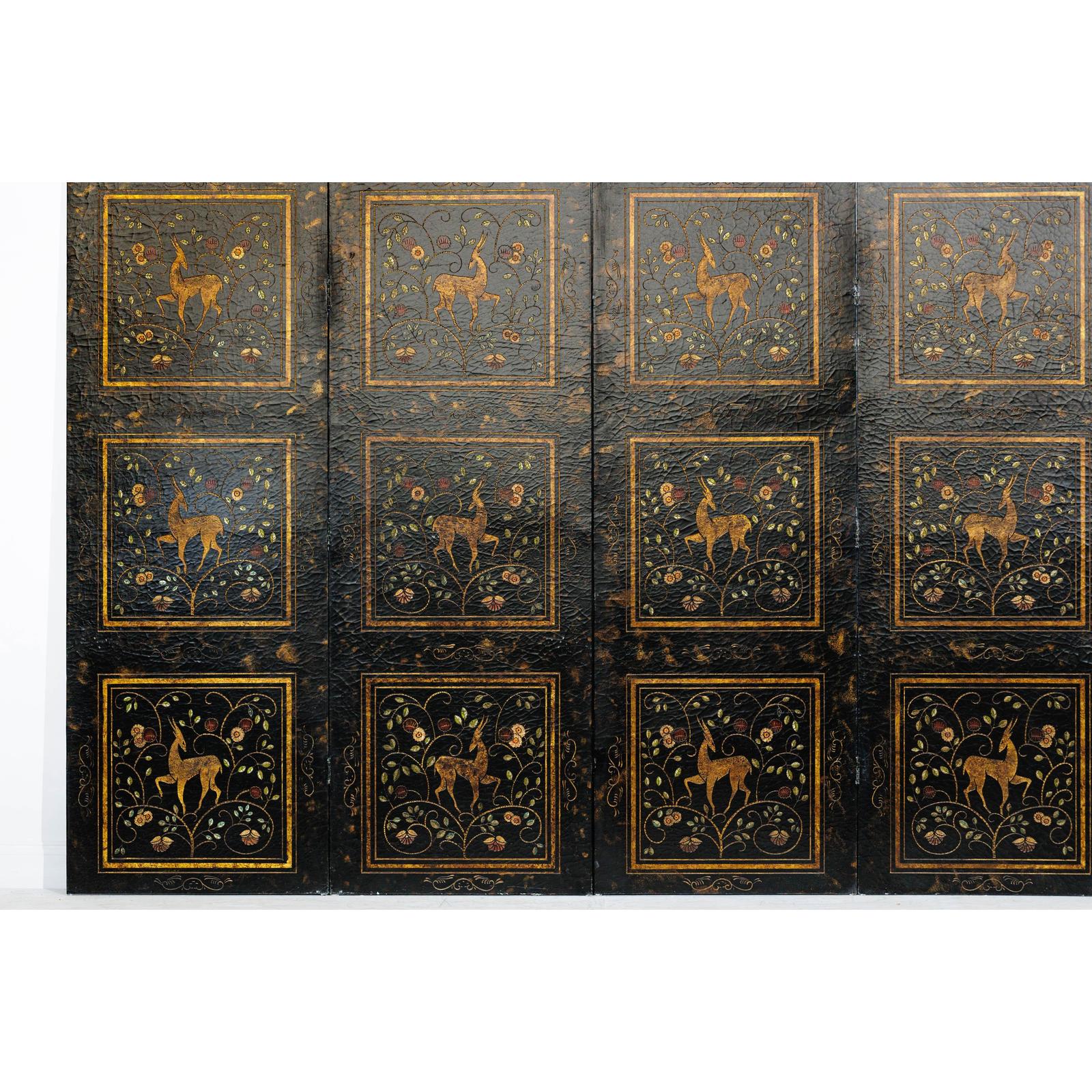 Four-Panel Gilt Black Lacquered Screen with Deer and Floral Motifs-2. Asian & Chinese Furniture, Art, Antiques, Vintage Home Décor for sale at FEA Home