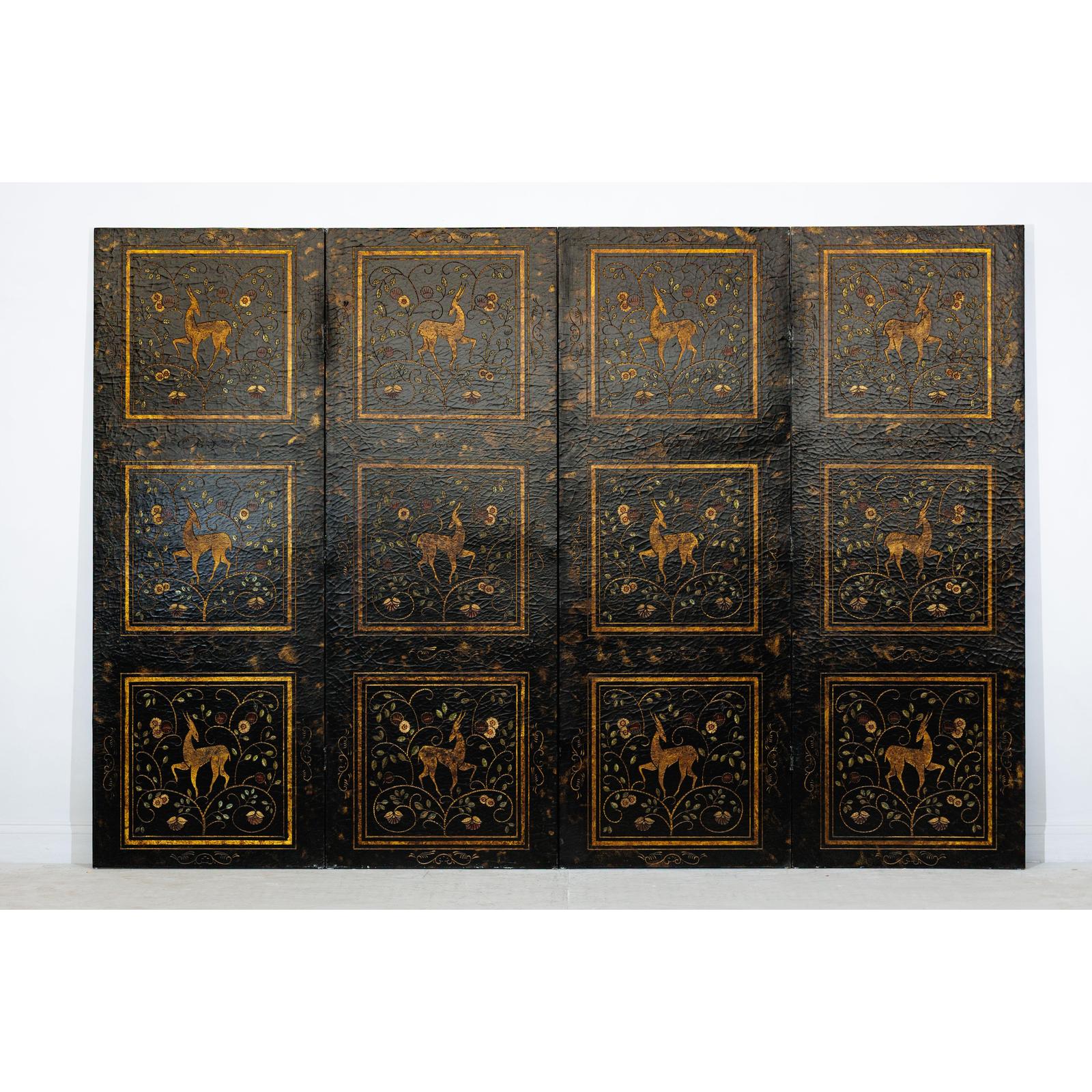 Four-Panel Gilt Black Lacquered Screen with Deer and Floral Motifs-3. Asian &amp; Chinese Furniture, Art, Antiques, Vintage Home Décor for sale at FEA Home