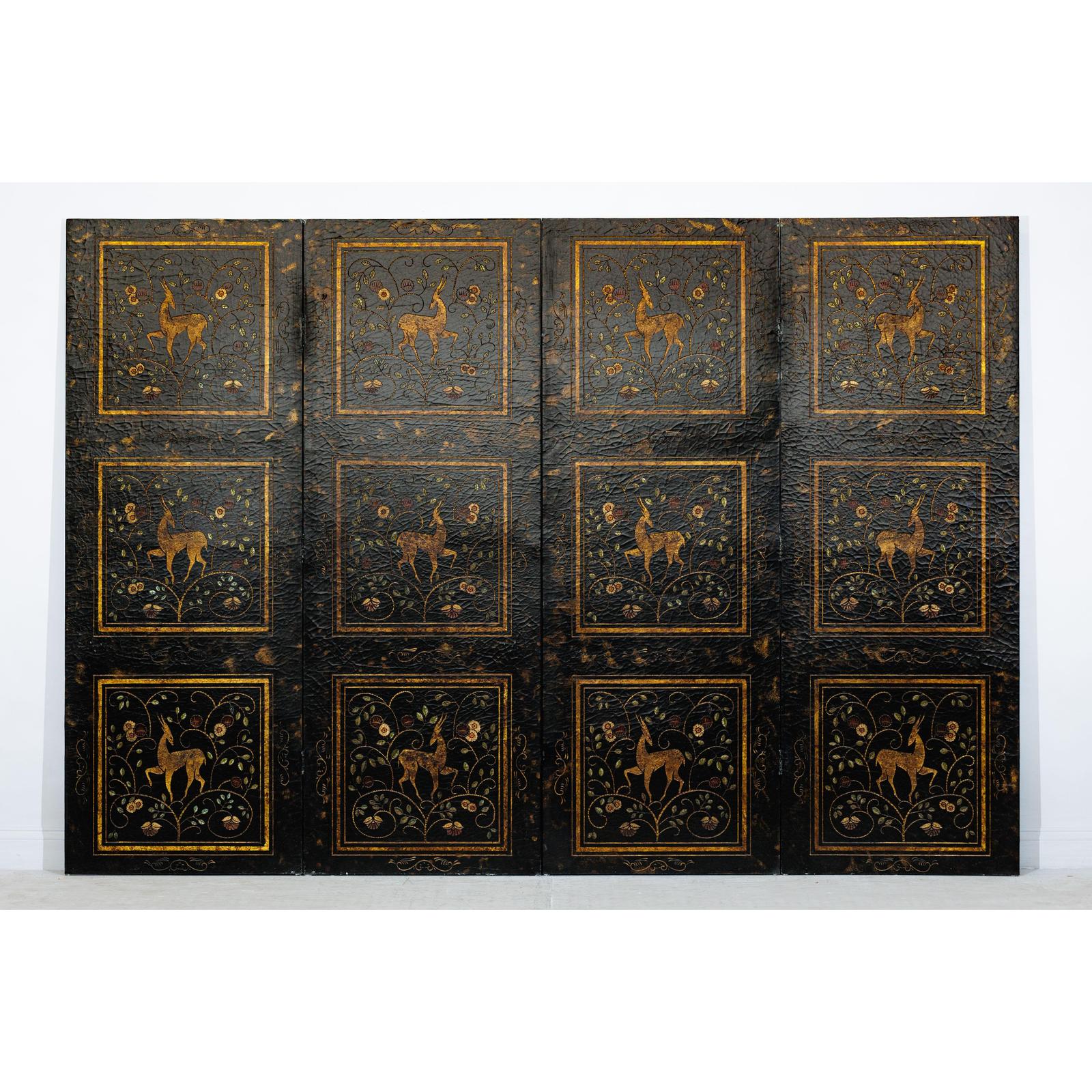 Four-Panel Gilt Black Lacquered Screen with Deer and Floral Motifs-4. Asian &amp; Chinese Furniture, Art, Antiques, Vintage Home Décor for sale at FEA Home