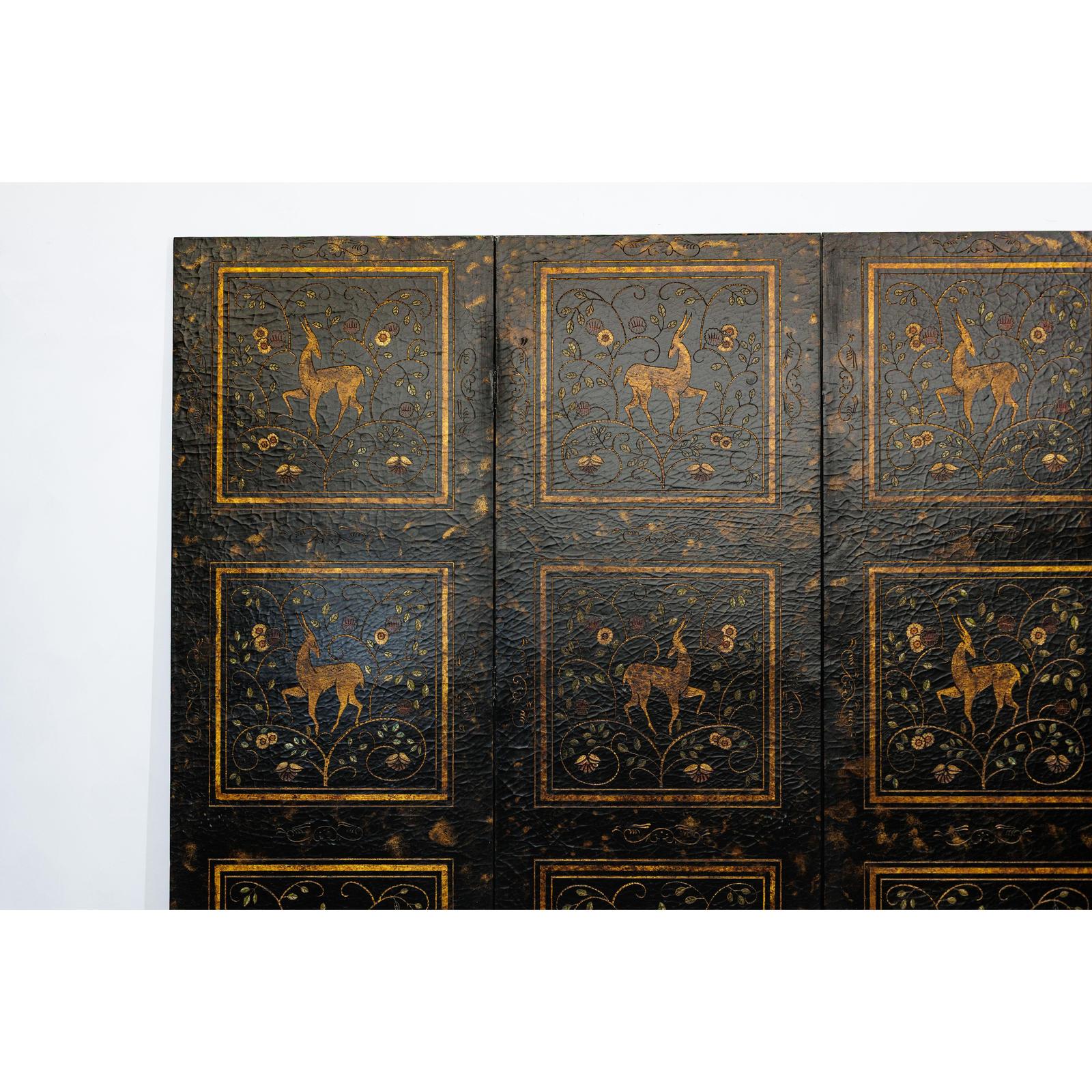 Four-Panel Gilt Black Lacquered Screen with Deer and Floral Motifs-5. Asian &amp; Chinese Furniture, Art, Antiques, Vintage Home Décor for sale at FEA Home