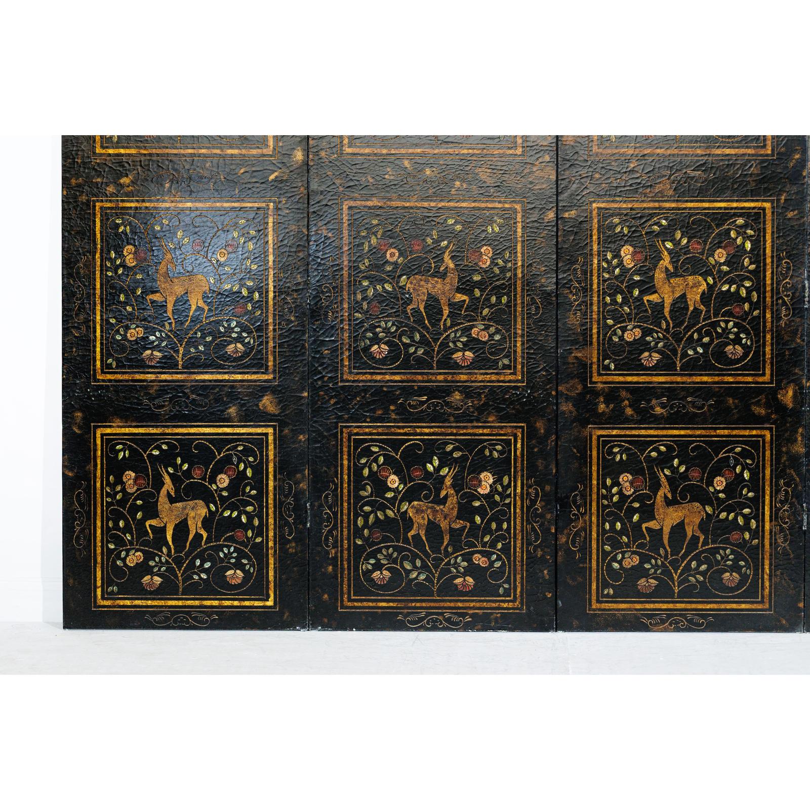Four-Panel Gilt Black Lacquered Screen with Deer and Floral Motifs-6. Asian &amp; Chinese Furniture, Art, Antiques, Vintage Home Décor for sale at FEA Home