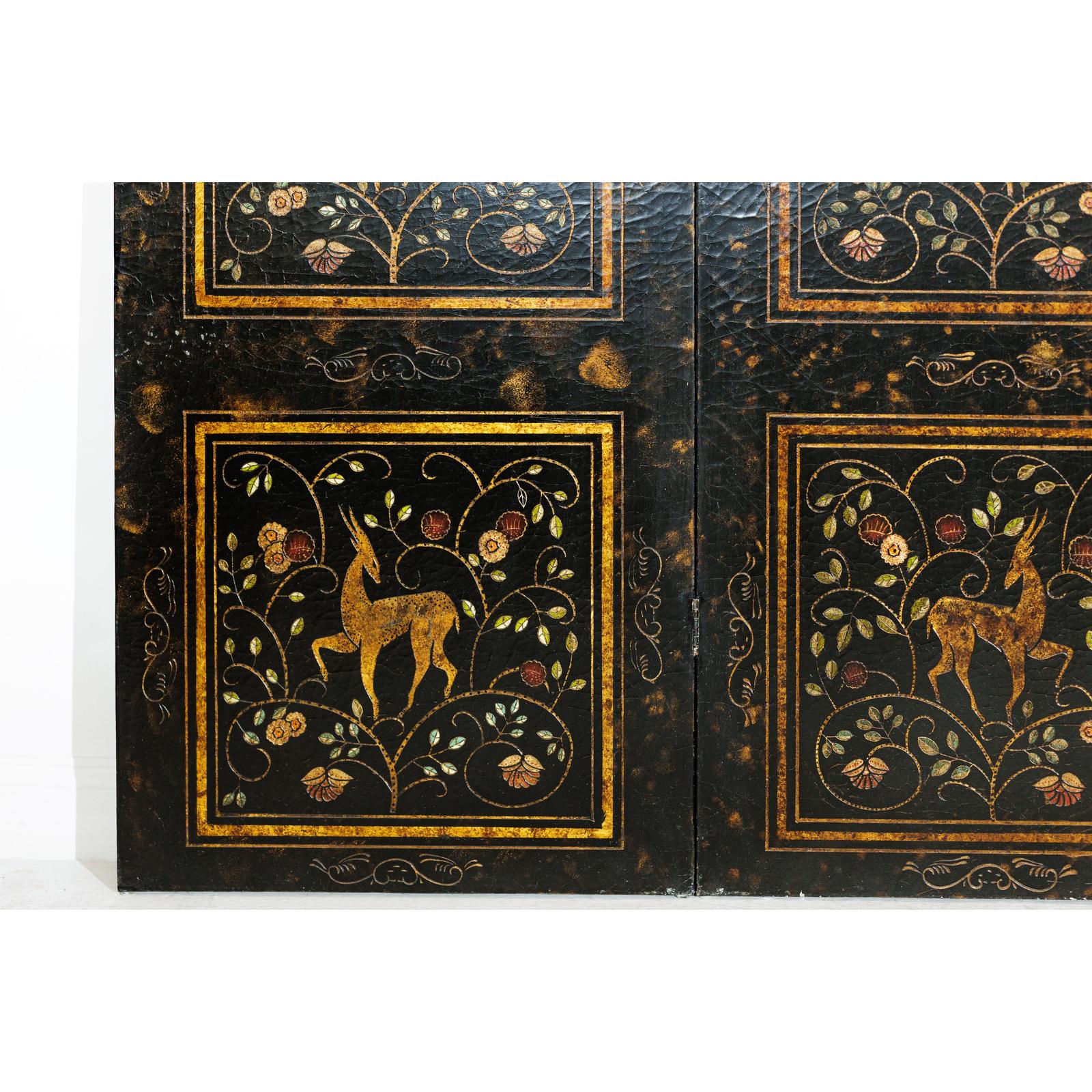 Four-Panel Gilt Black Lacquered Screen with Deer and Floral Motifs-7. Asian &amp; Chinese Furniture, Art, Antiques, Vintage Home Décor for sale at FEA Home