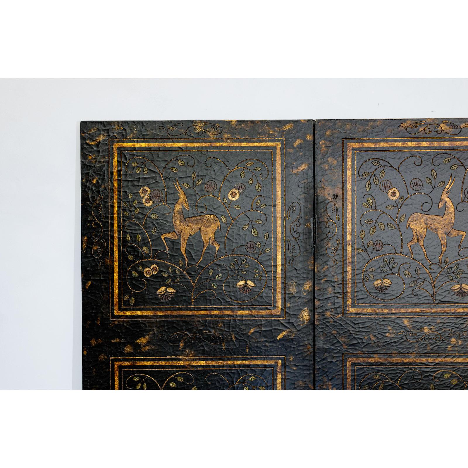 Four-Panel Gilt Black Lacquered Screen with Deer and Floral Motifs-8. Asian &amp; Chinese Furniture, Art, Antiques, Vintage Home Décor for sale at FEA Home