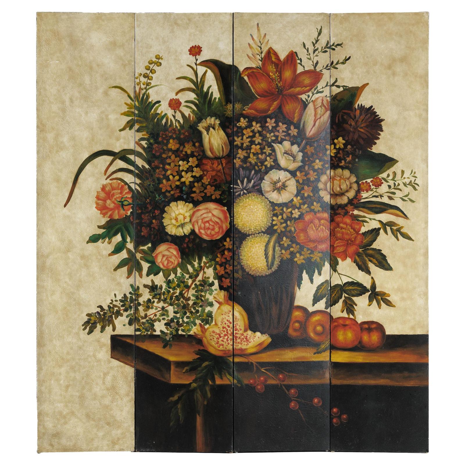 Four-Panel Hand-Painted Folding Screen with Still-Life Floral Composition-1. Asian & Chinese Furniture, Art, Antiques, Vintage Home Décor for sale at FEA Home