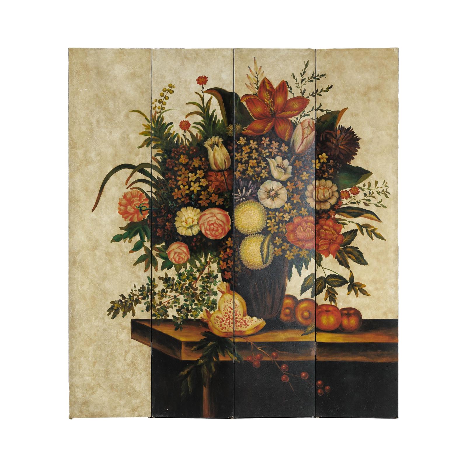 Four-Panel Hand-Painted Folding Screen with Still-Life Floral Composition-12. Asian &amp; Chinese Furniture, Art, Antiques, Vintage Home Décor for sale at FEA Home