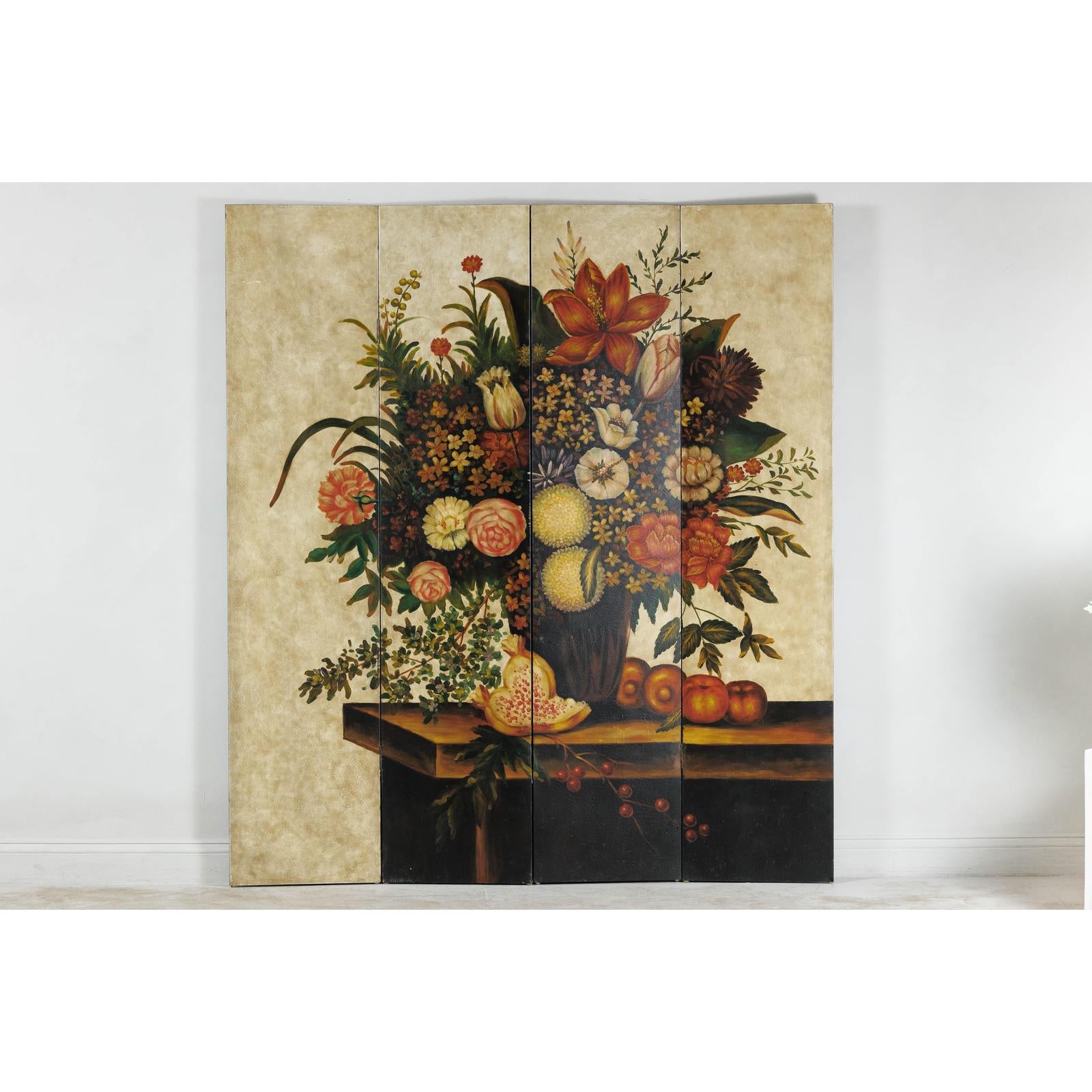 Four-Panel Hand-Painted Folding Screen with Still-Life Floral Composition-2. Asian & Chinese Furniture, Art, Antiques, Vintage Home Décor for sale at FEA Home