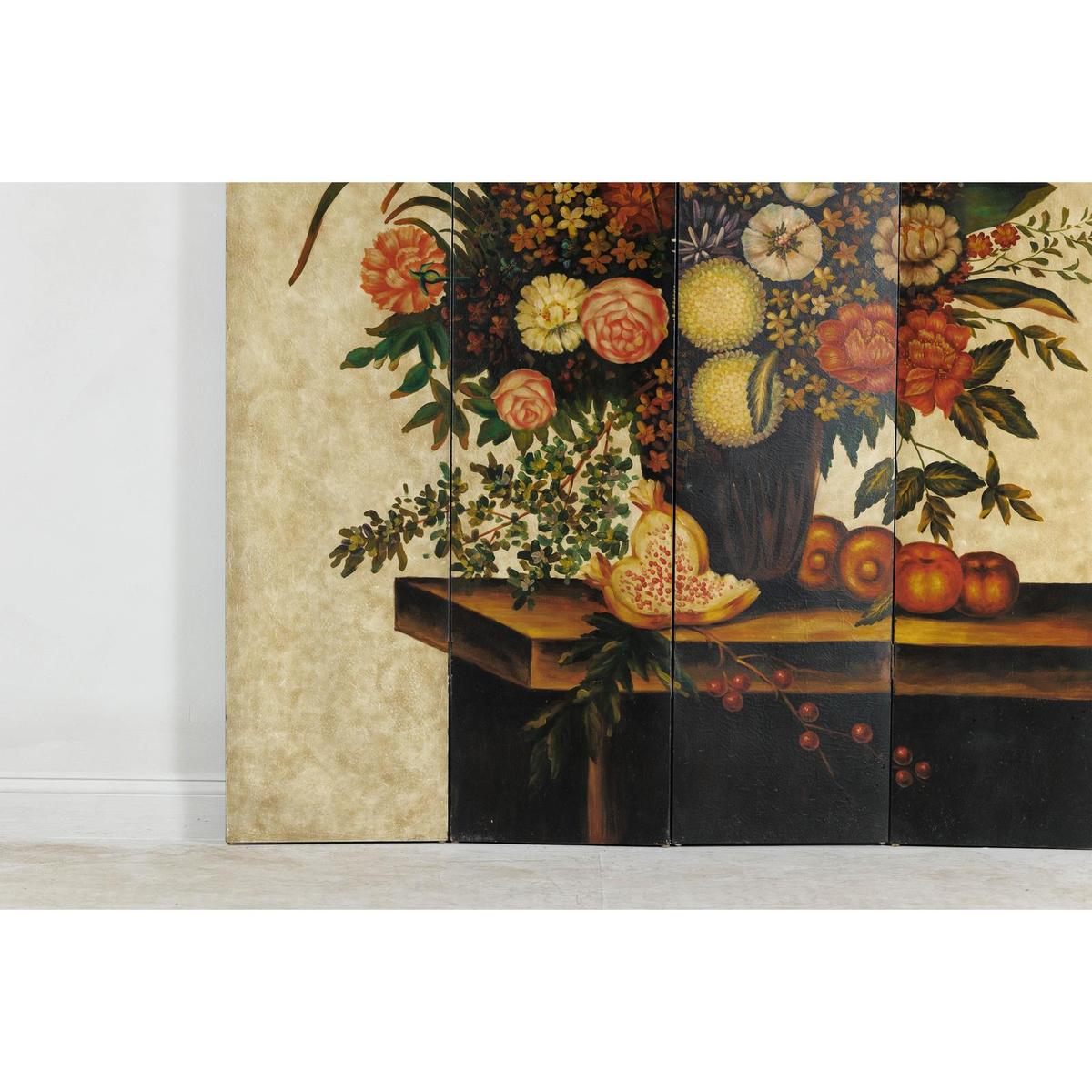 Four-Panel Hand-Painted Folding Screen with Still-Life Floral Composition-7. Asian &amp; Chinese Furniture, Art, Antiques, Vintage Home Décor for sale at FEA Home