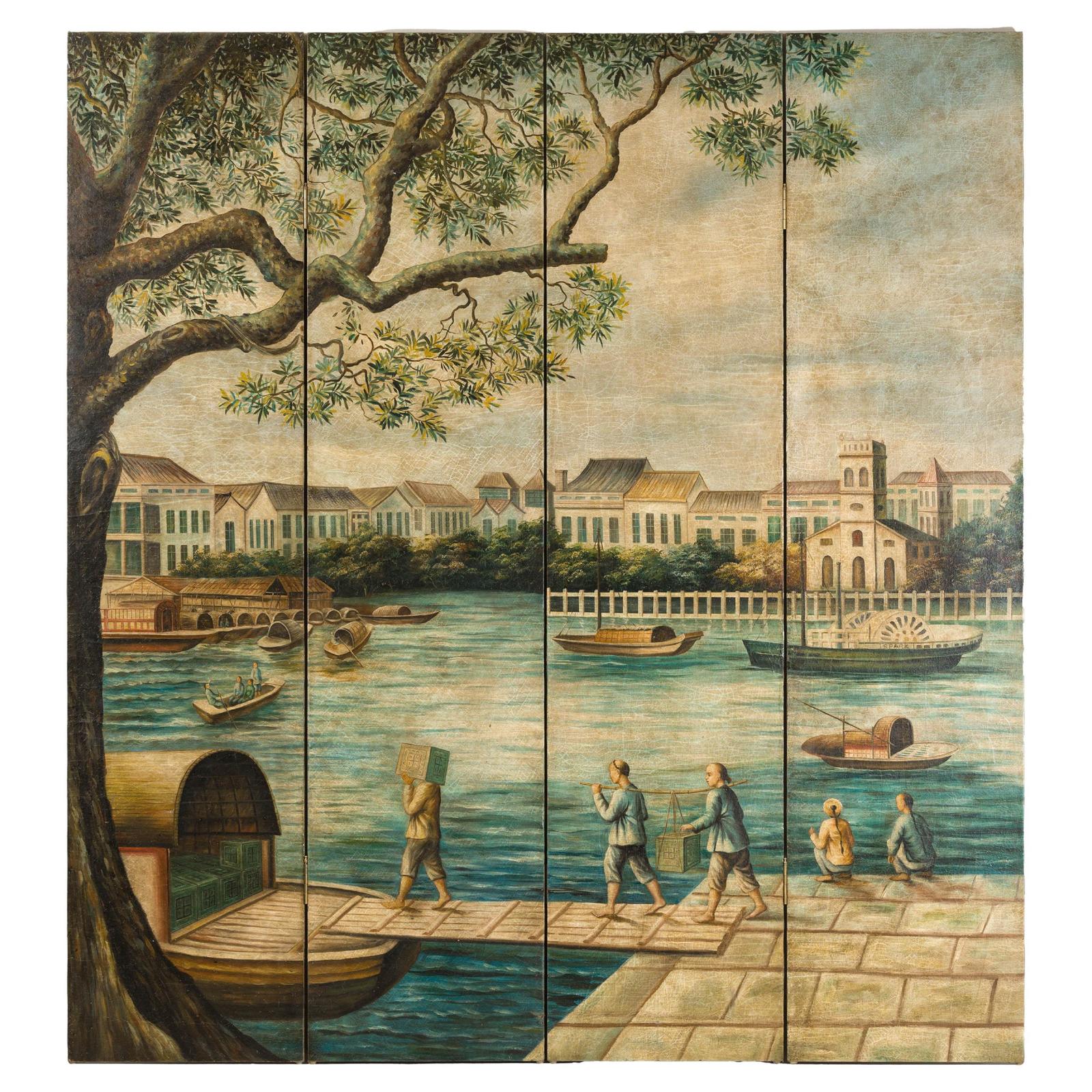 Four-Panel Painted Screen Depicting Boats and Riverside Figures-1. Asian & Chinese Furniture, Art, Antiques, Vintage Home Décor for sale at FEA Home
