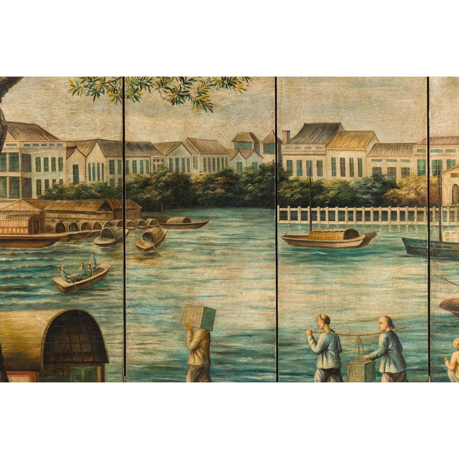 Four-Panel Painted Screen Depicting Boats and Riverside Figures-10. Asian &amp; Chinese Furniture, Art, Antiques, Vintage Home Décor for sale at FEA Home
