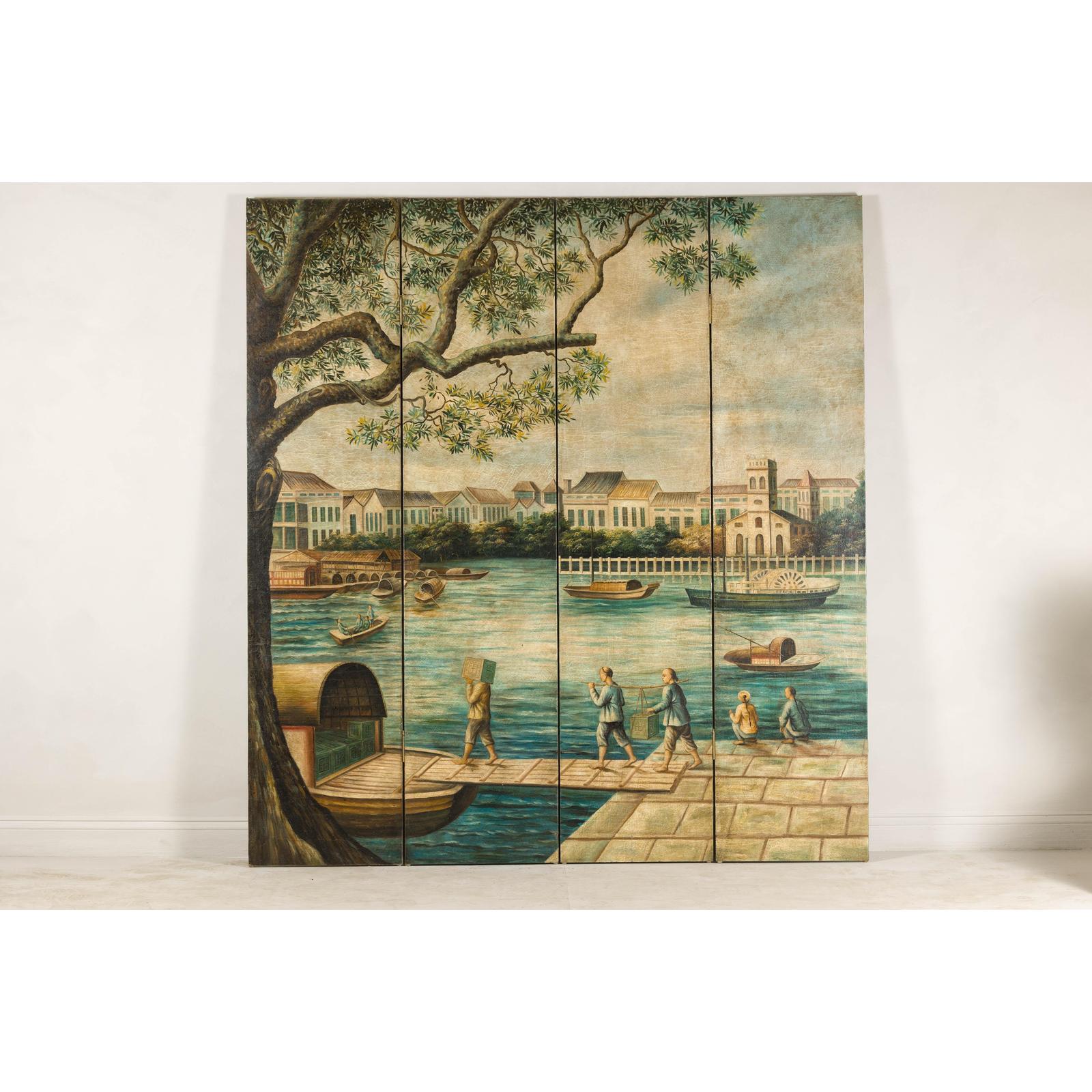 Four-Panel Painted Screen Depicting Boats and Riverside Figures-11. Asian &amp; Chinese Furniture, Art, Antiques, Vintage Home Décor for sale at FEA Home