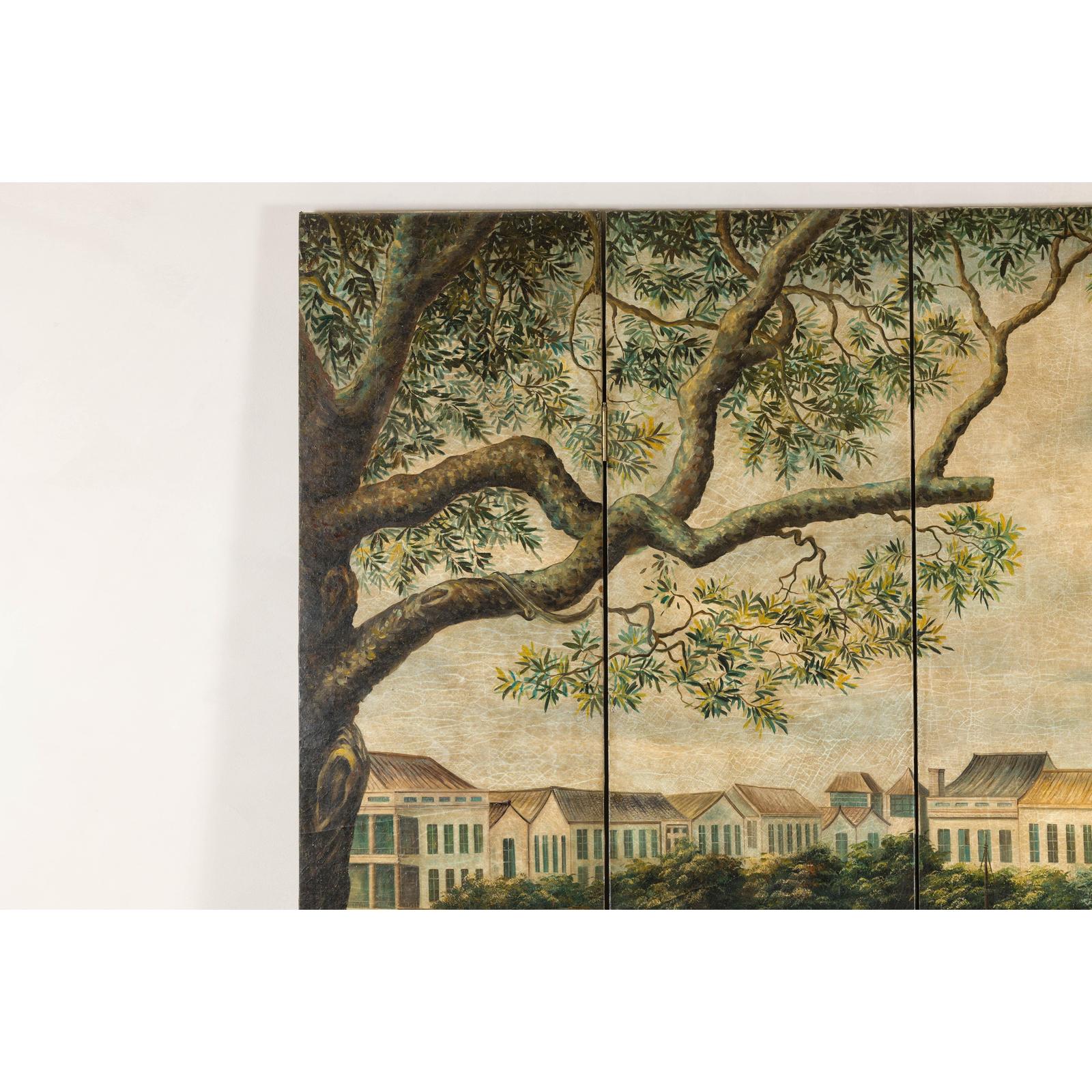 Four-Panel Painted Screen Depicting Boats and Riverside Figures-12. Asian &amp; Chinese Furniture, Art, Antiques, Vintage Home Décor for sale at FEA Home