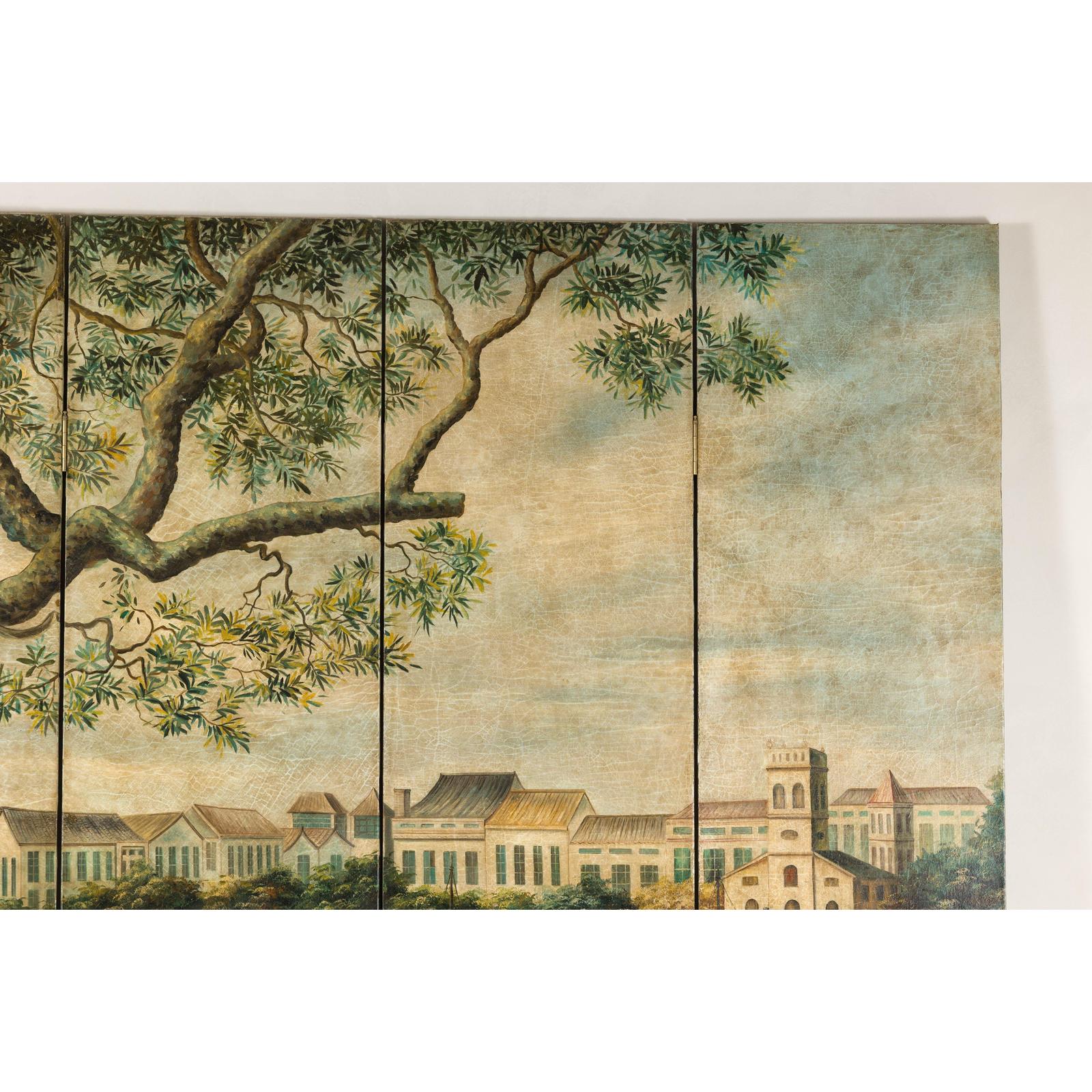 Four-Panel Painted Screen Depicting Boats and Riverside Figures-13. Asian &amp; Chinese Furniture, Art, Antiques, Vintage Home Décor for sale at FEA Home