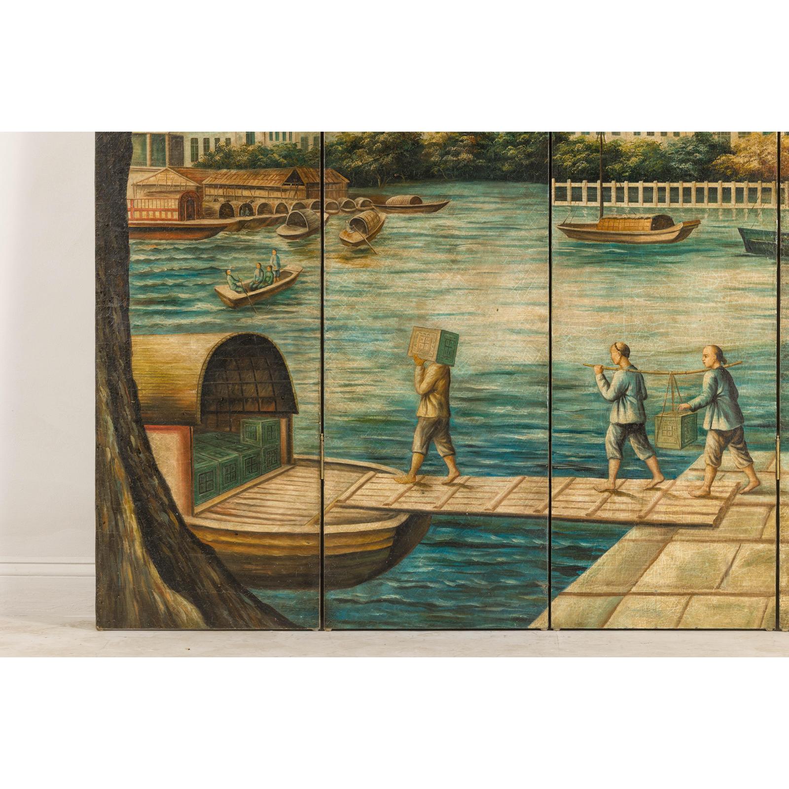 Four-Panel Painted Screen Depicting Boats and Riverside Figures-14. Asian &amp; Chinese Furniture, Art, Antiques, Vintage Home Décor for sale at FEA Home
