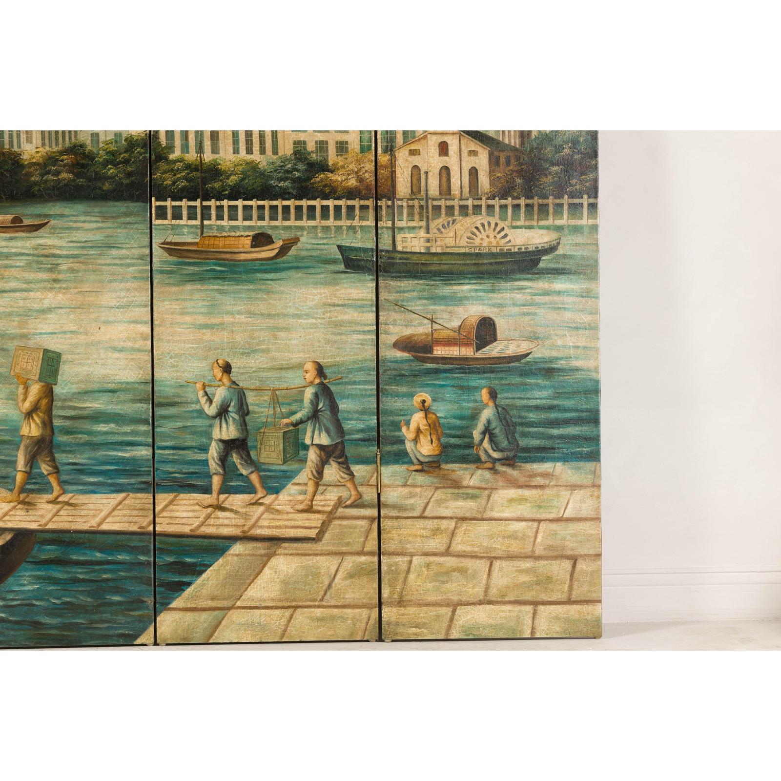 Four-Panel Painted Screen Depicting Boats and Riverside Figures-15. Asian &amp; Chinese Furniture, Art, Antiques, Vintage Home Décor for sale at FEA Home