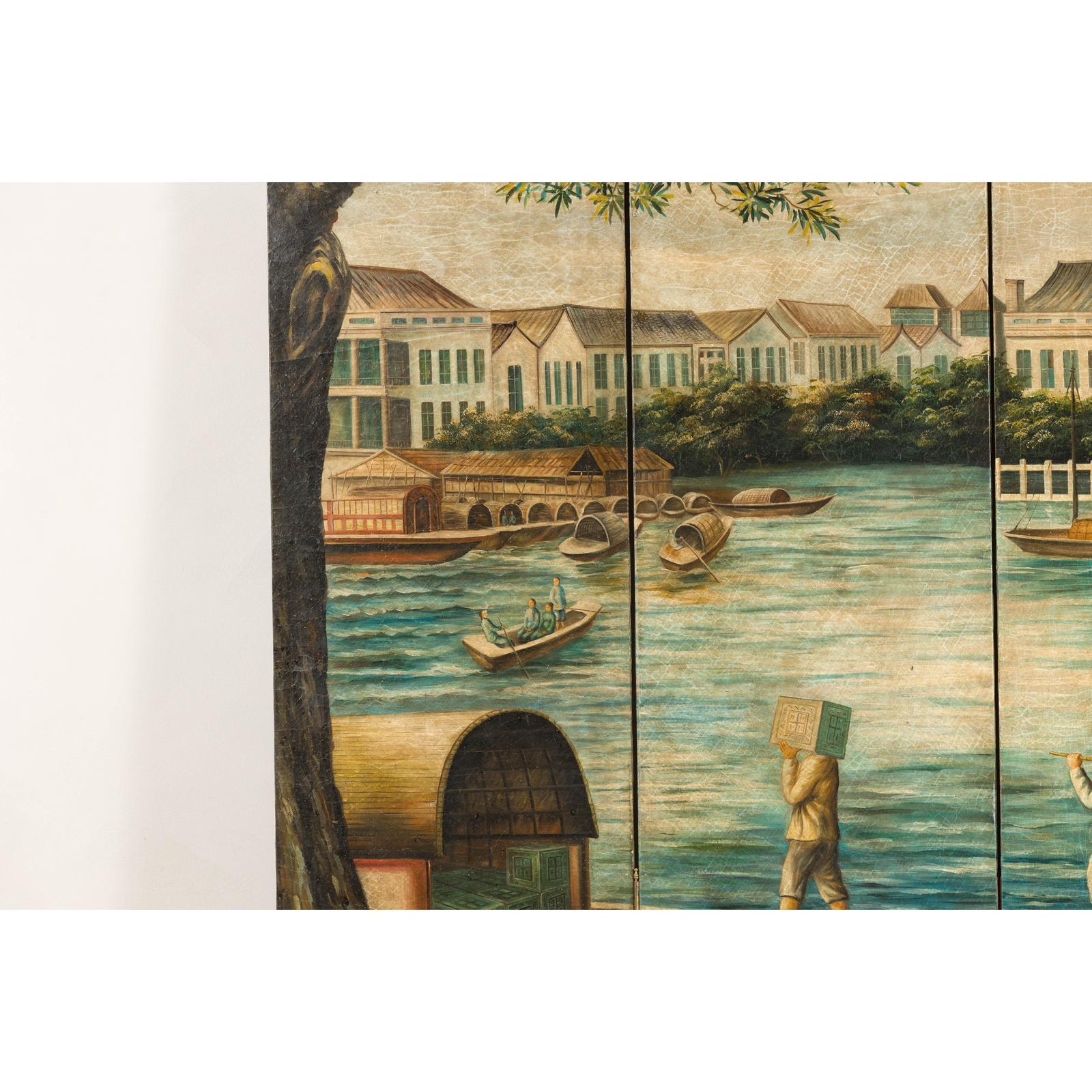 Four-Panel Painted Screen Depicting Boats and Riverside Figures-16. Asian &amp; Chinese Furniture, Art, Antiques, Vintage Home Décor for sale at FEA Home