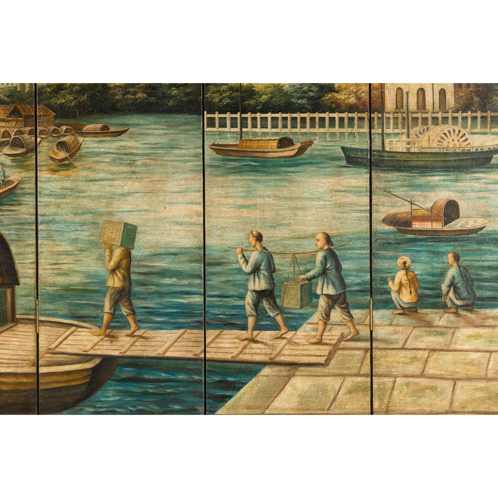 Four-Panel Painted Screen Depicting Boats and Riverside Figures-17. Asian &amp; Chinese Furniture, Art, Antiques, Vintage Home Décor for sale at FEA Home
