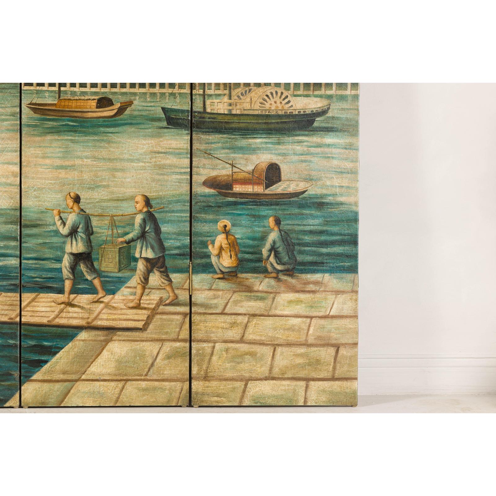 Four-Panel Painted Screen Depicting Boats and Riverside Figures-18. Asian &amp; Chinese Furniture, Art, Antiques, Vintage Home Décor for sale at FEA Home