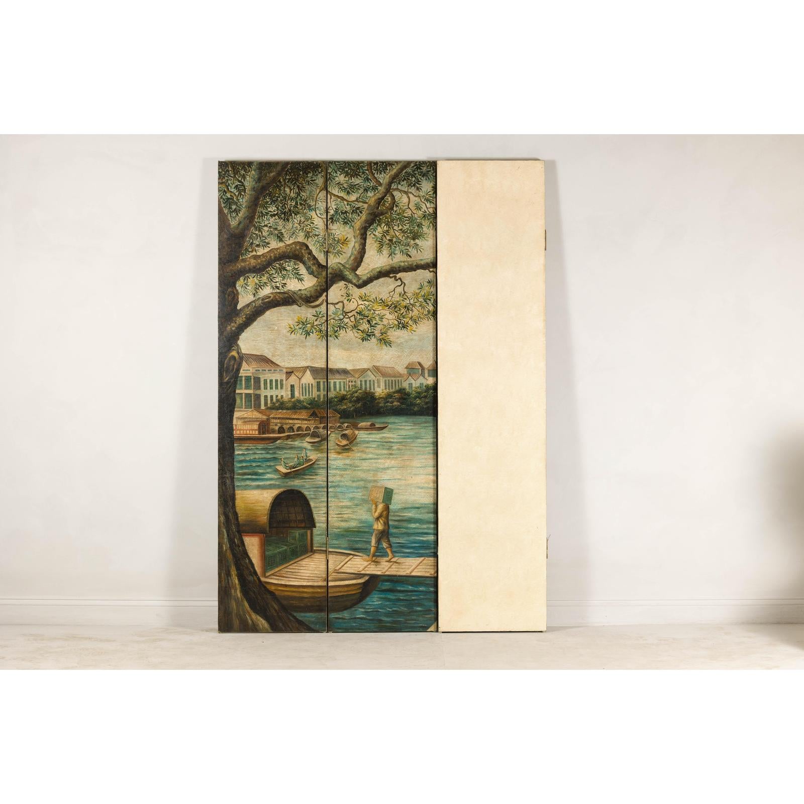 Four-Panel Painted Screen Depicting Boats and Riverside Figures-19. Asian &amp; Chinese Furniture, Art, Antiques, Vintage Home Décor for sale at FEA Home