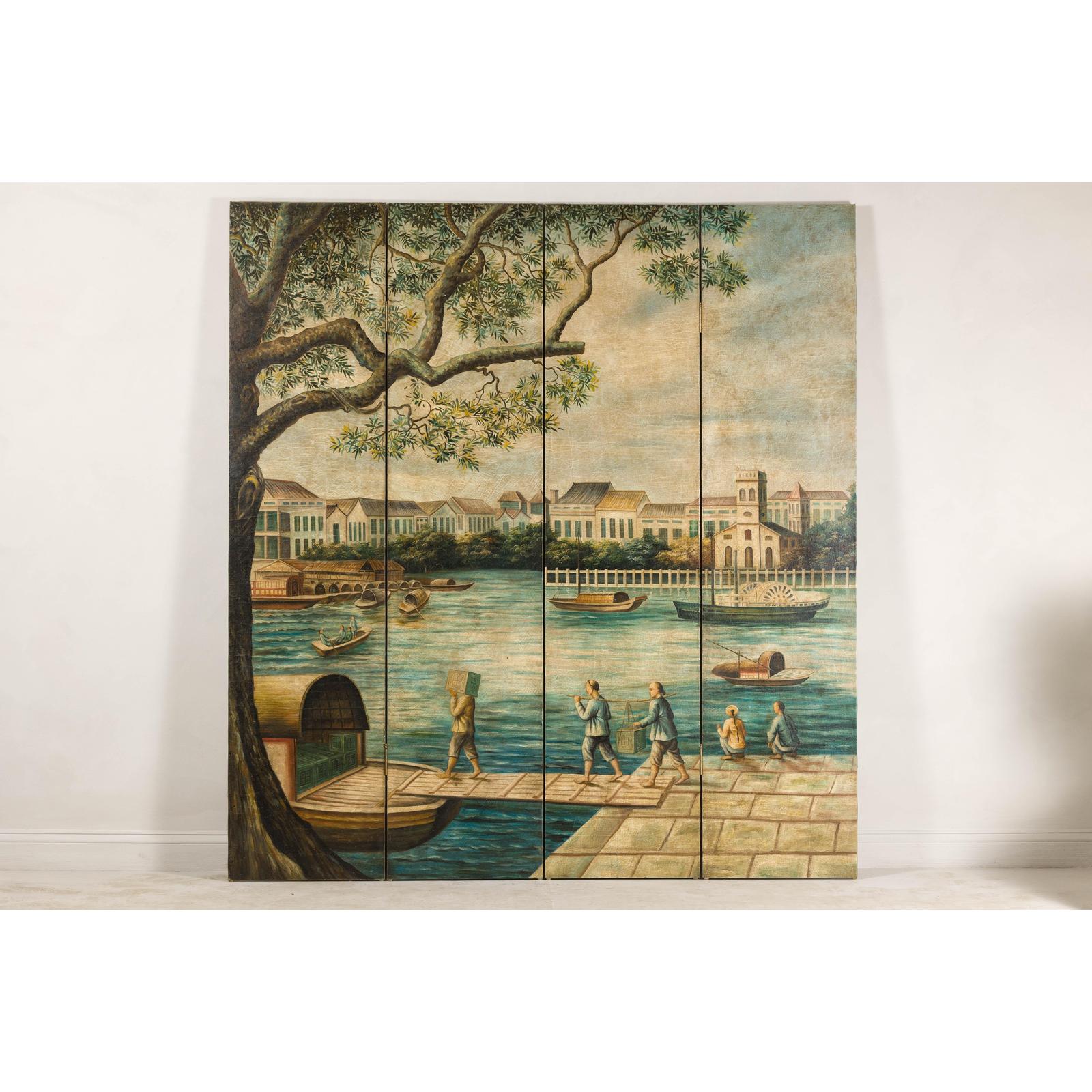 Four-Panel Painted Screen Depicting Boats and Riverside Figures-2. Asian & Chinese Furniture, Art, Antiques, Vintage Home Décor for sale at FEA Home